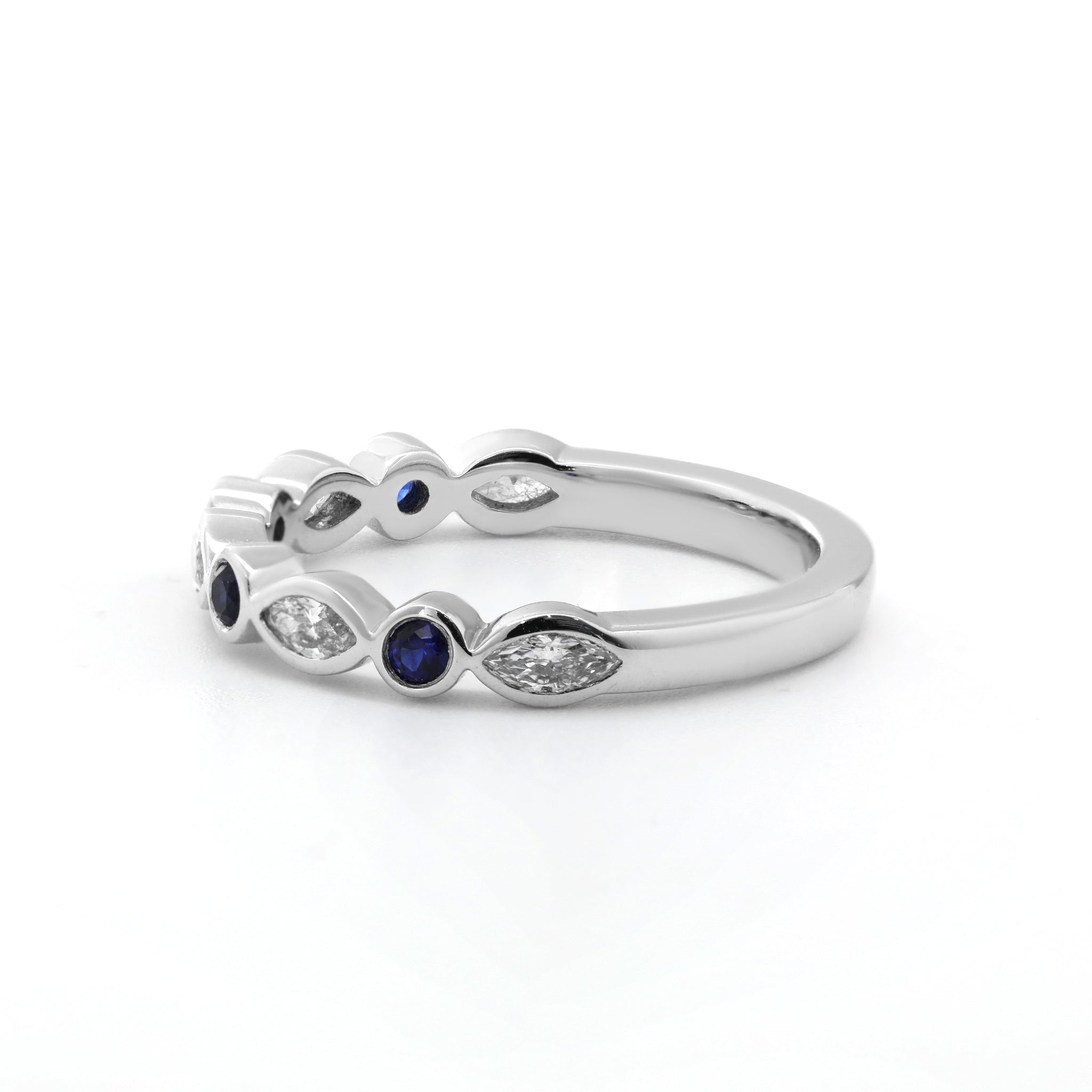 10K White Gold Round Lab Sapphire & Marquise Lab Diamond Bezel Set Half Eternity Band - MMR