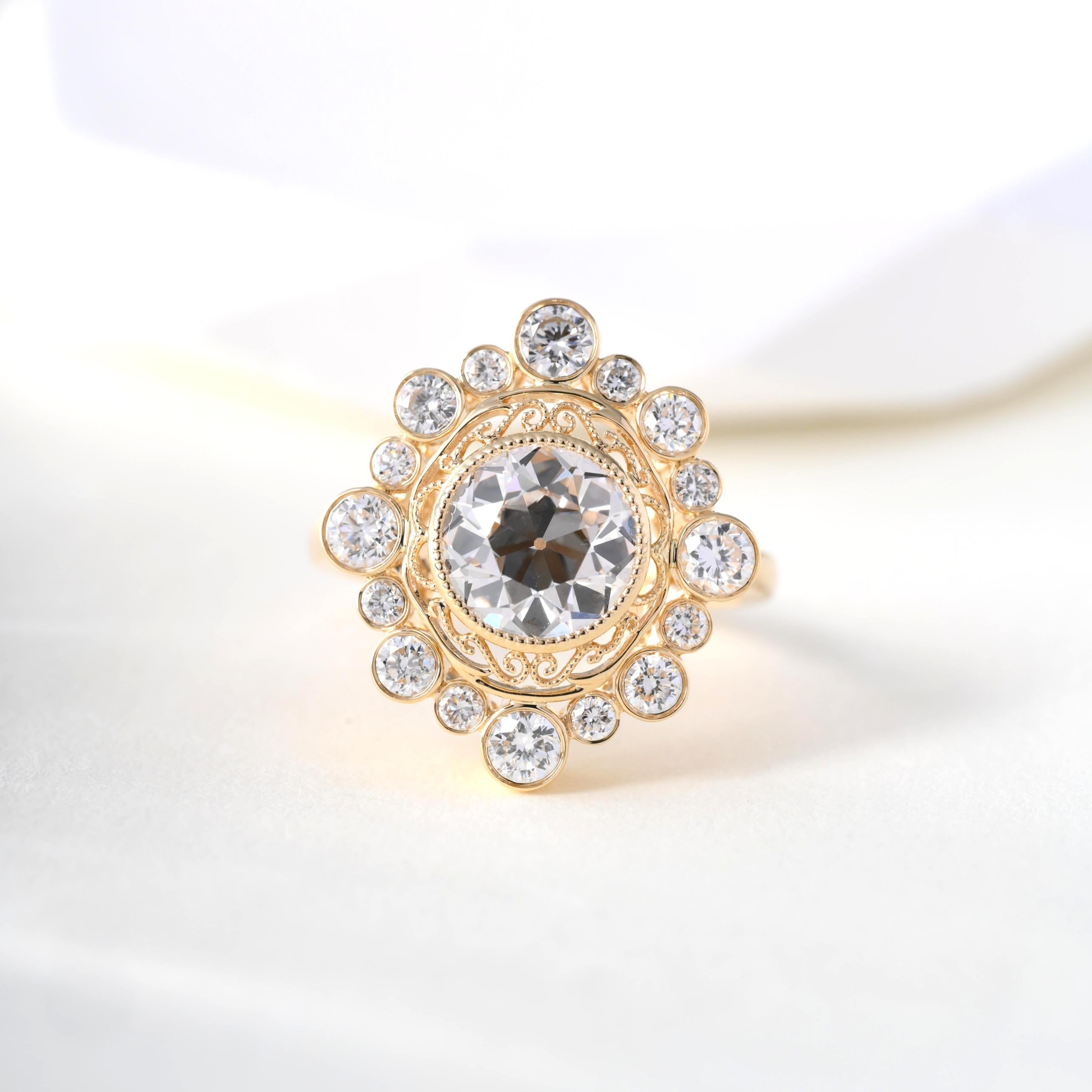 10K Yellow Gold 2.17ct Old European Cut Lab Diamond Ring with Round Lab Diamond Halo - MMR