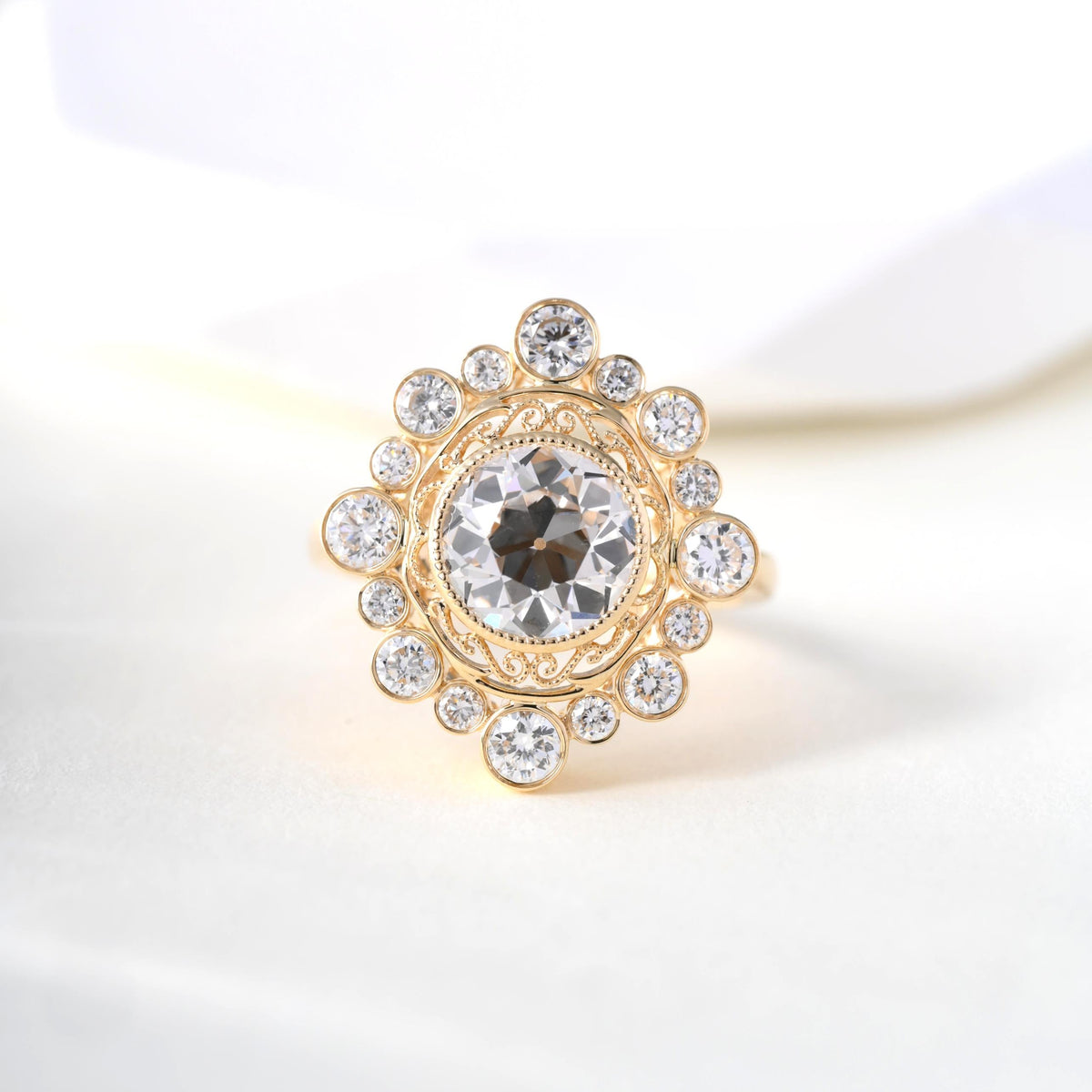 10K Yellow Gold 2.17ct Old European Cut Lab Diamond Ring with Round Lab Diamond Halo - MMR