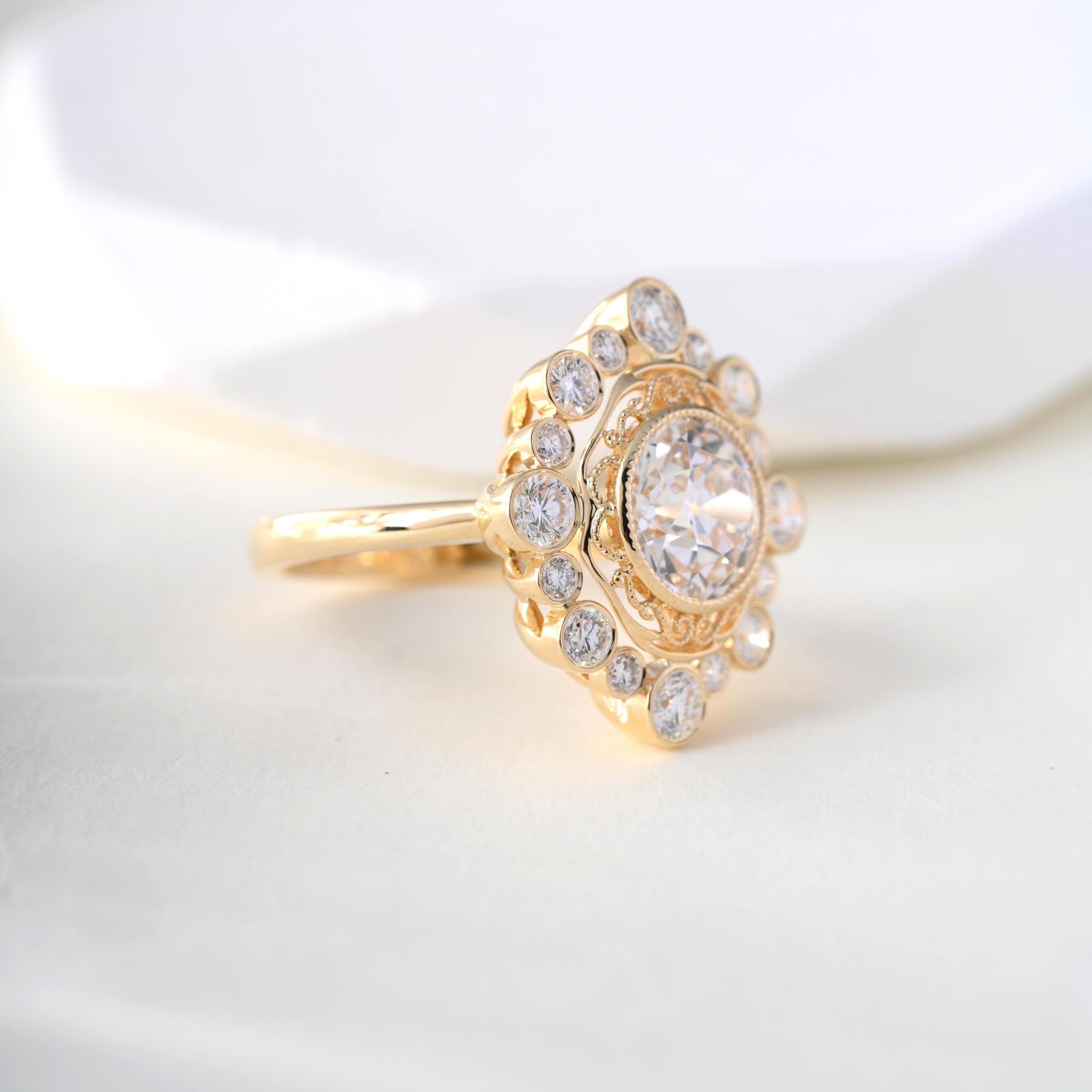 10K Yellow Gold 2.17ct Old European Cut Lab Diamond Ring with Round Lab Diamond Halo - MMR