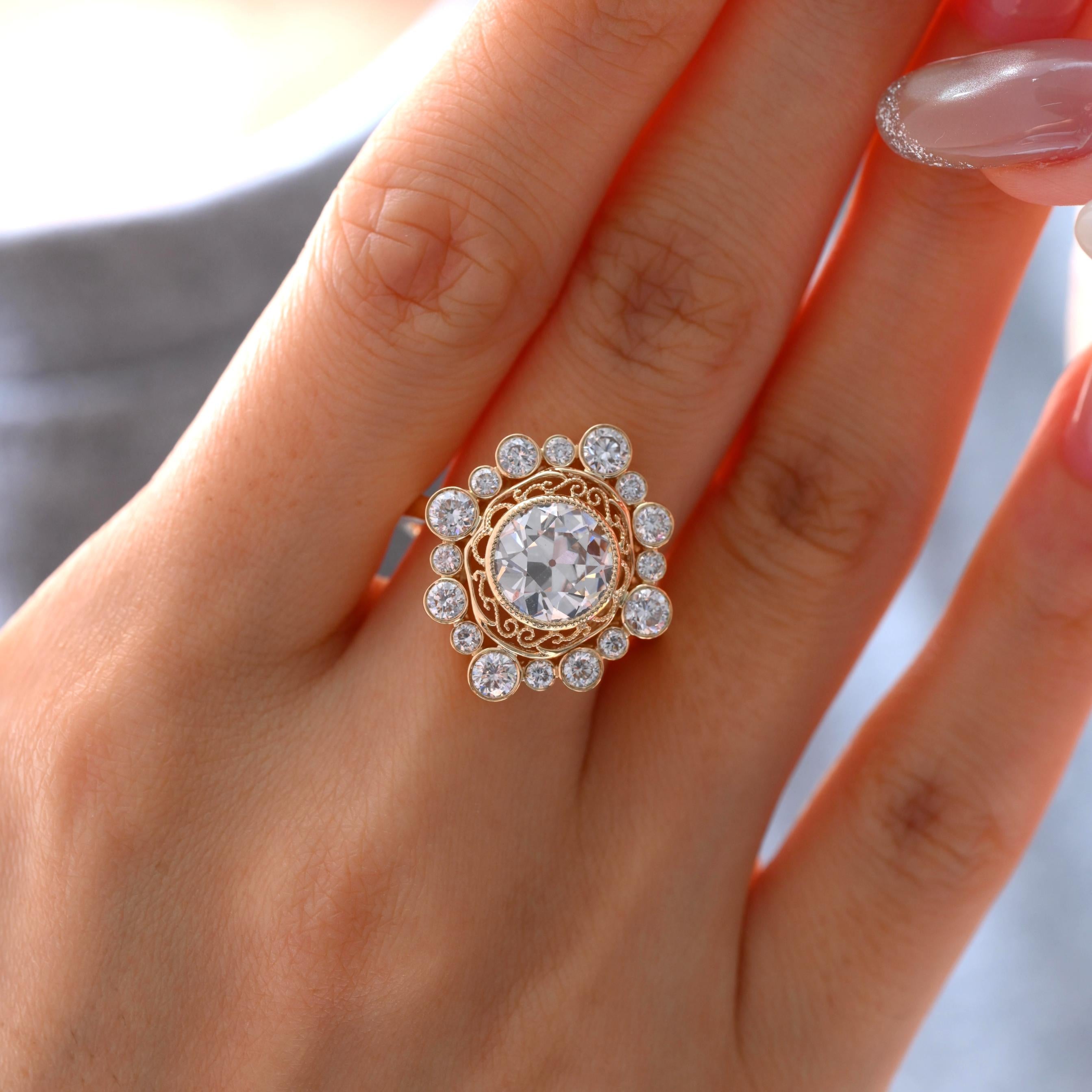 10K Yellow Gold 2.17ct Old European Cut Lab Diamond Ring with Round Lab Diamond Halo - MMR