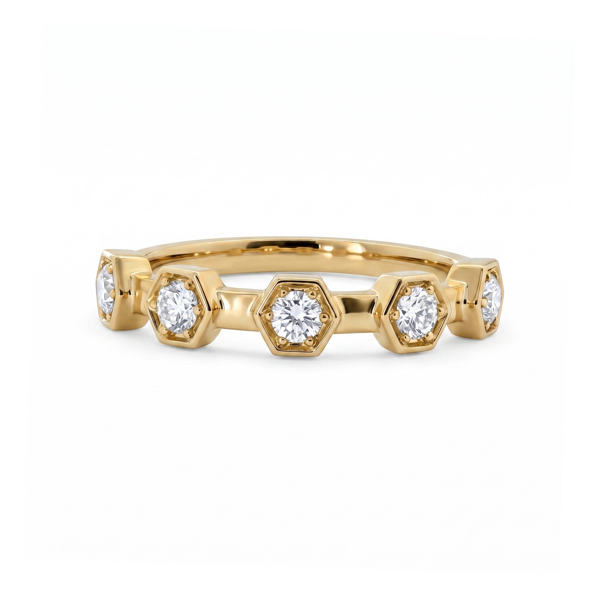 10K Yellow Gold 2.5mm Round Lab Diamond Hexagon Bezel Set Half Eternity Band - MMR