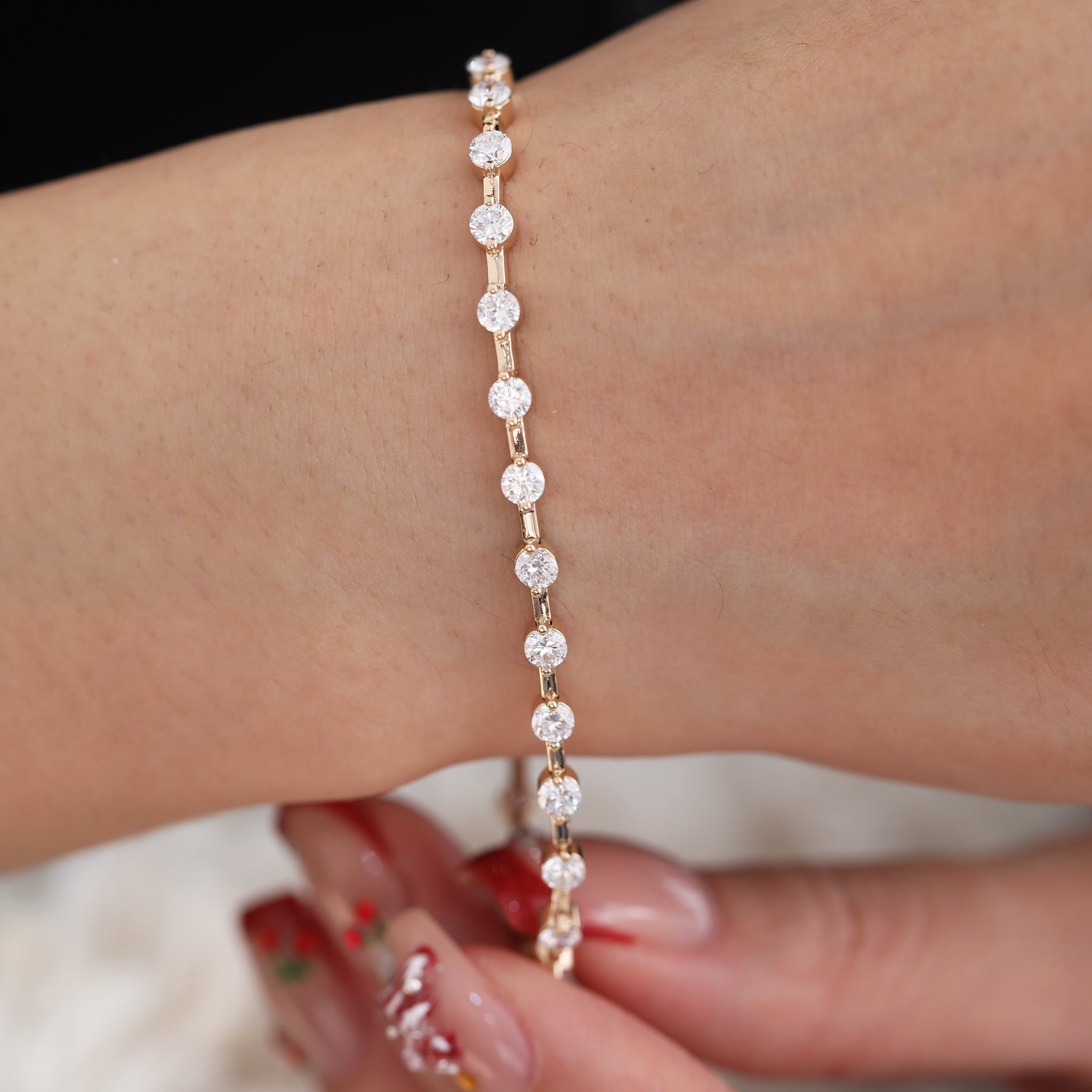 10K Yellow Gold 3mm Round Lab Diamond 4 Prong Basket Station Bracelet - MMR