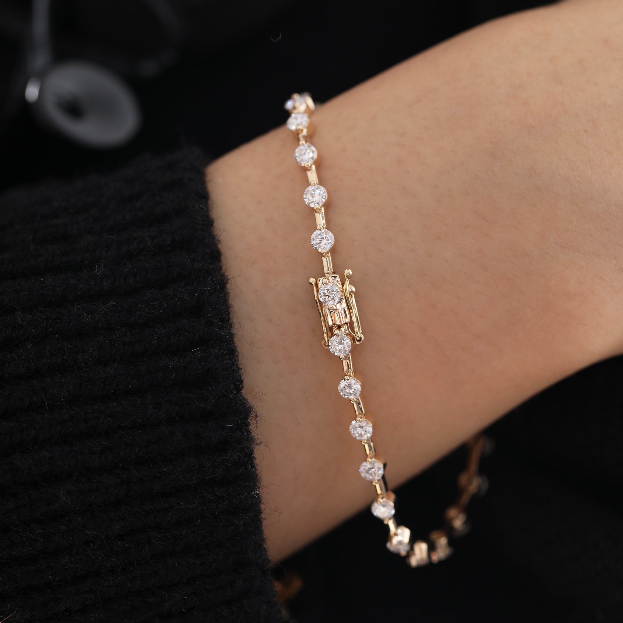 10K Yellow Gold 3mm Round Lab Diamond 4 Prong Basket Station Bracelet - MMR