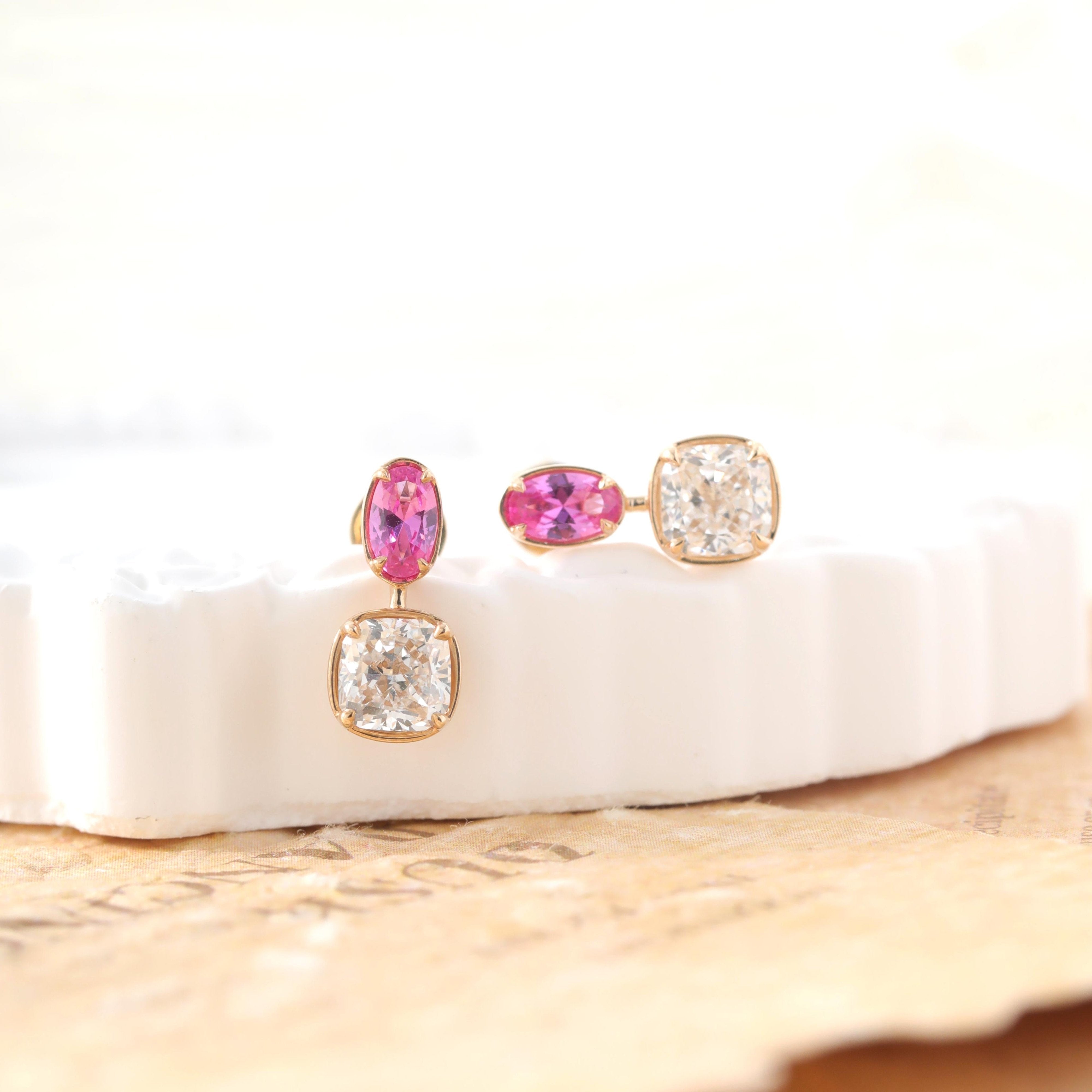 10K Yellow Gold Cushion Lab Diamond and Oval Pink Corundum Stud Earrings - MMR
