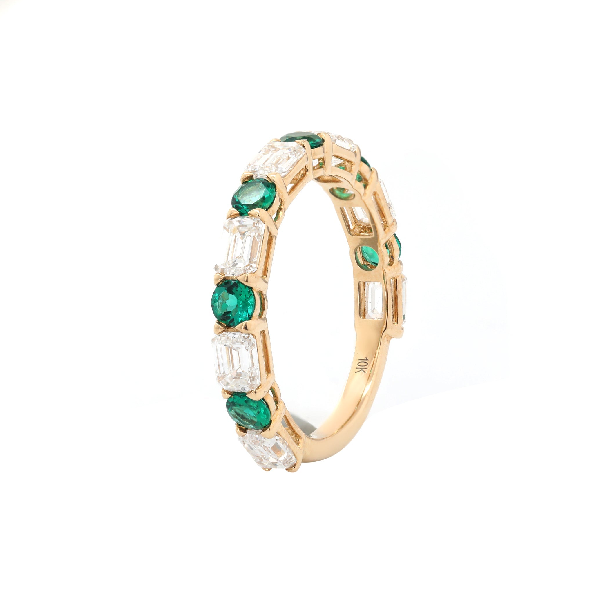 10K Yellow Gold Emerald Cut Lab Diamond and Round Emerald 3/4 Eternity Ring - MMR