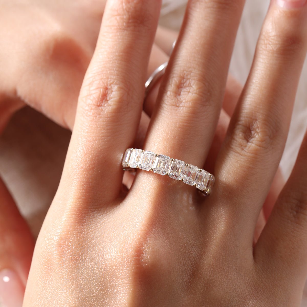 10K Yellow Gold Emerald - Cut Moissanite Eternity Band with U - Prong Setting （US8 Unresizable) - MMR