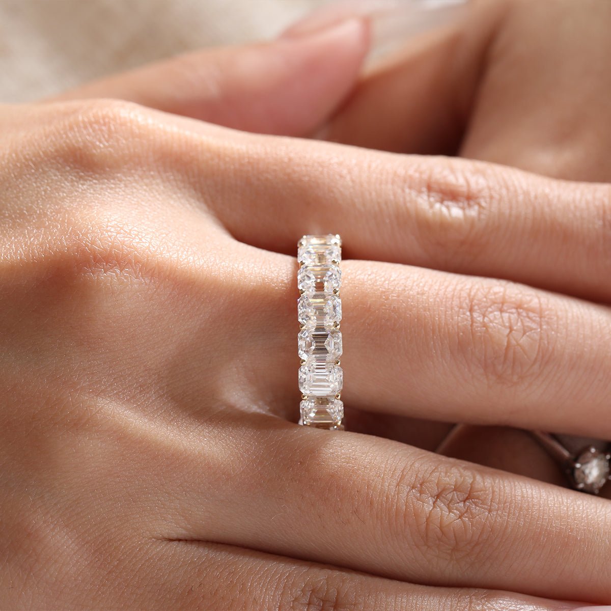 10K Yellow Gold Emerald - Cut Moissanite Eternity Band with U - Prong Setting （US8 Unresizable) - MMR