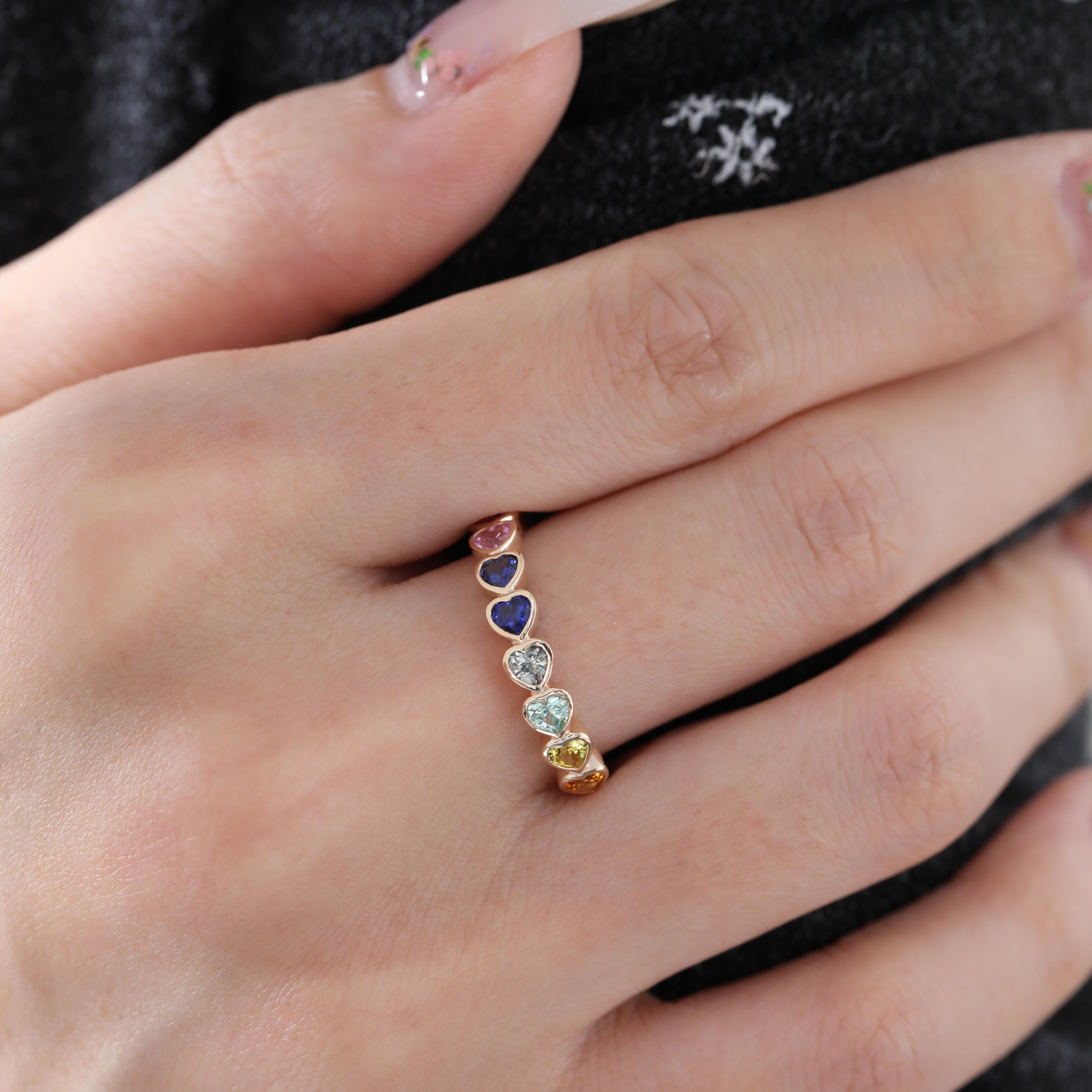 10K Yellow Gold Heart Shaped Rainbow Color Synthetic Corundum Half Eternity Ring - MMR