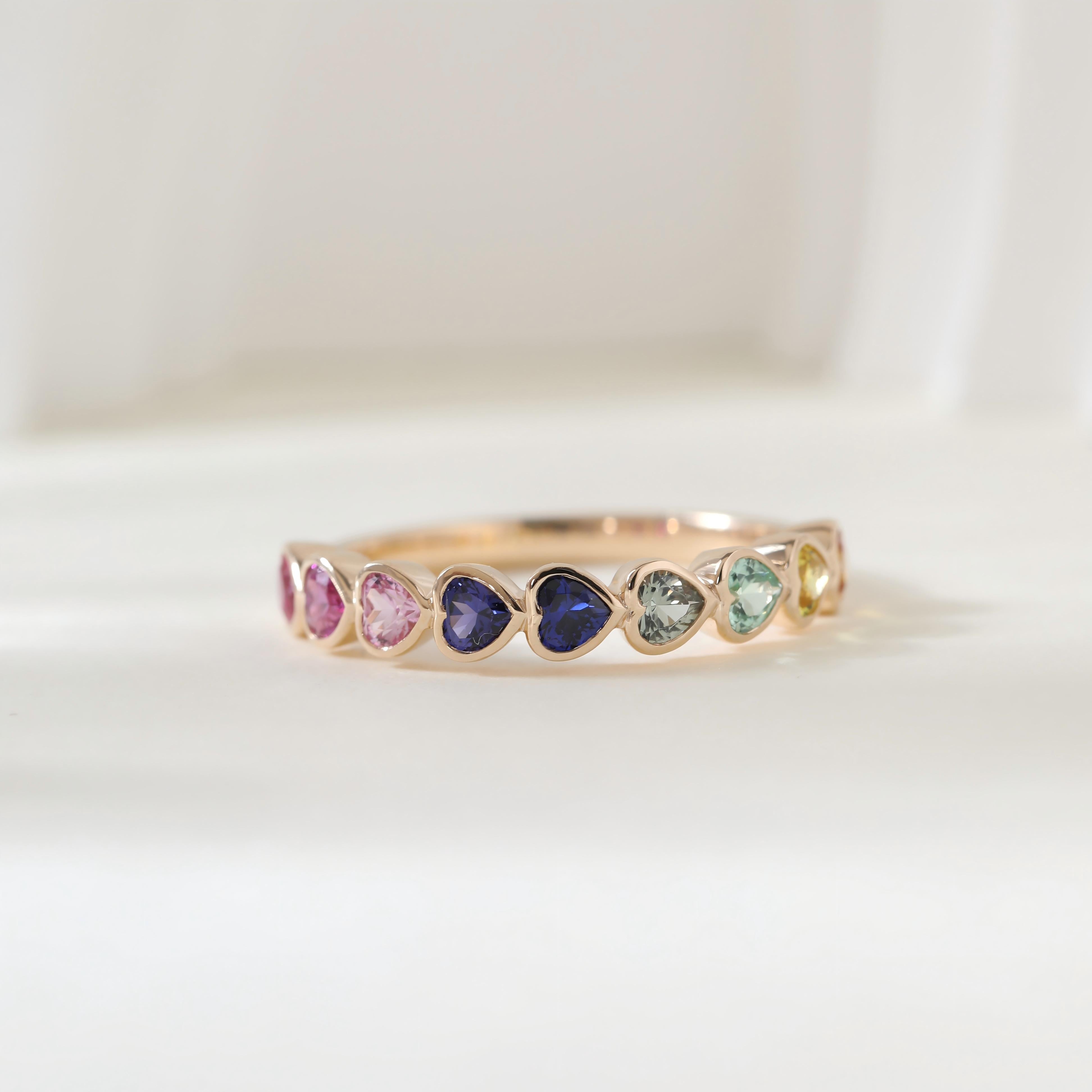 10K Yellow Gold Heart Shaped Rainbow Color Synthetic Corundum Half Eternity Ring - MMR