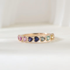 10K Yellow Gold Heart Shaped Rainbow Color Synthetic Corundum Half Eternity Ring - MMR