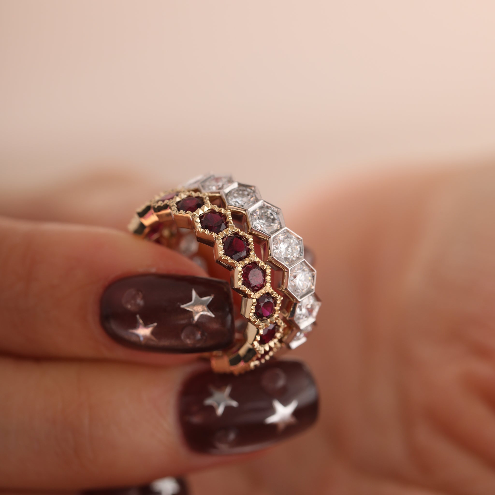 10K Yellow Gold Lab Ruby Hexagon Shape Design Beaded Bezel Set Eternity Band (US5.25 Unresizable) - MMR