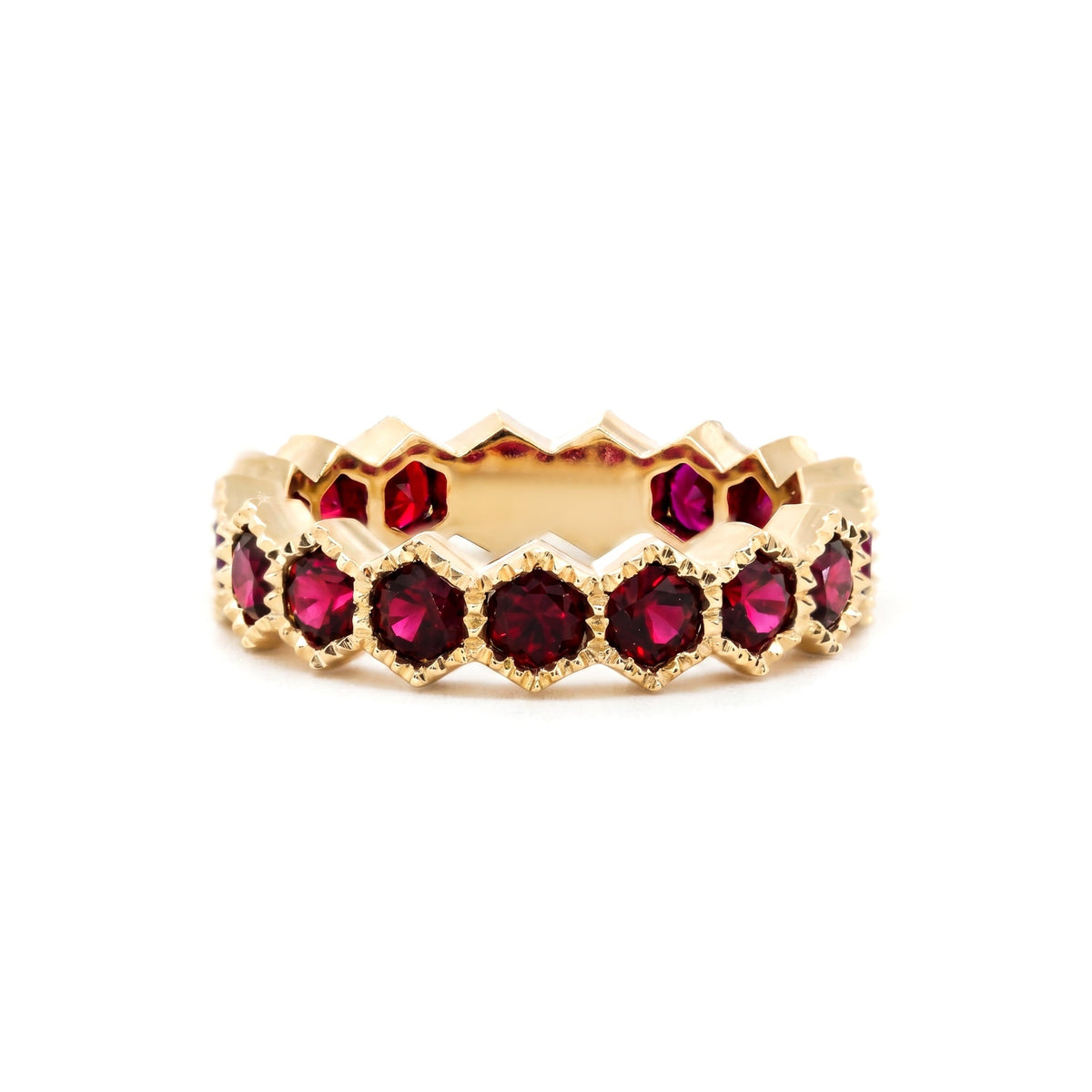 10K Yellow Gold Lab Ruby Hexagon Shape Design Beaded Bezel Set Eternity Band (US5.25 Unresizable) - MMR