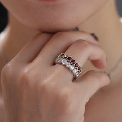 10K Yellow Gold Lab Ruby Hexagon Shape Design Beaded Bezel Set Eternity Band (US5.25 Unresizable) - MMR
