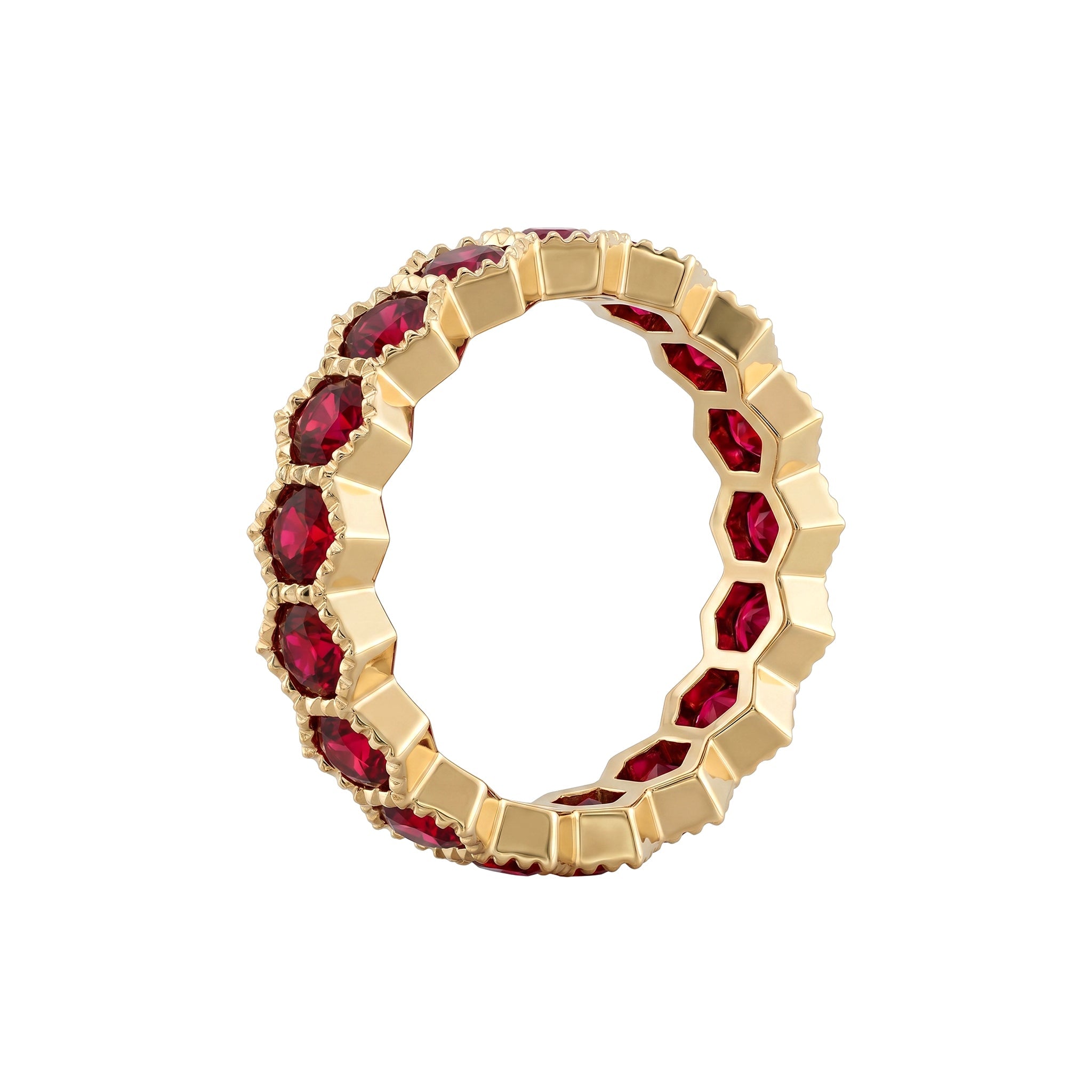 10K Yellow Gold Lab Ruby Hexagon Shape Design Beaded Bezel Set Eternity Band (US5.25 Unresizable) - MMR