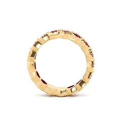 10K Yellow Gold Lab Ruby Hexagon Shape Design Beaded Bezel Set Eternity Band (US5.25 Unresizable) - MMR