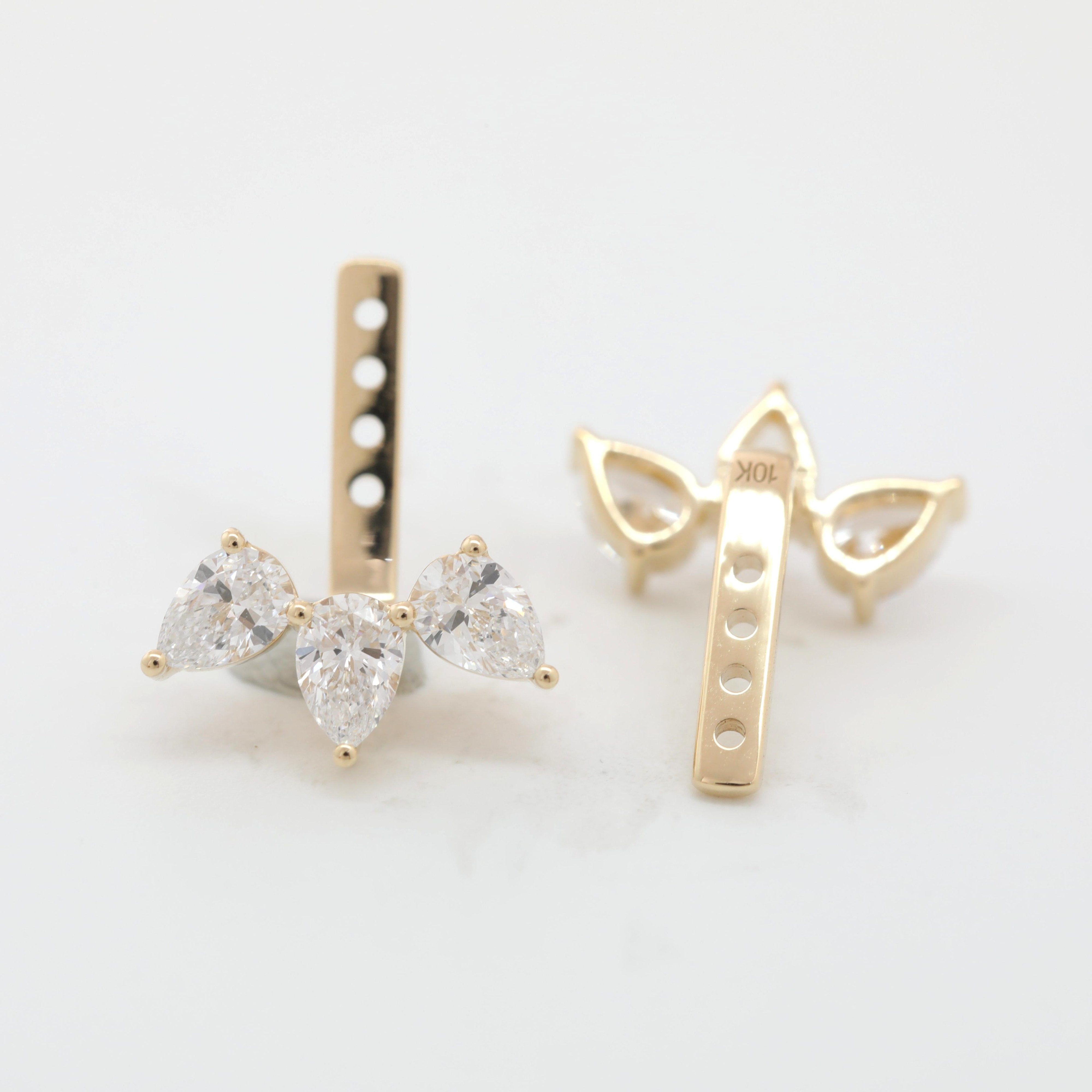 10K Yellow Gold Pear Lab Diamond 3 Stone Ear Jackets - MMR