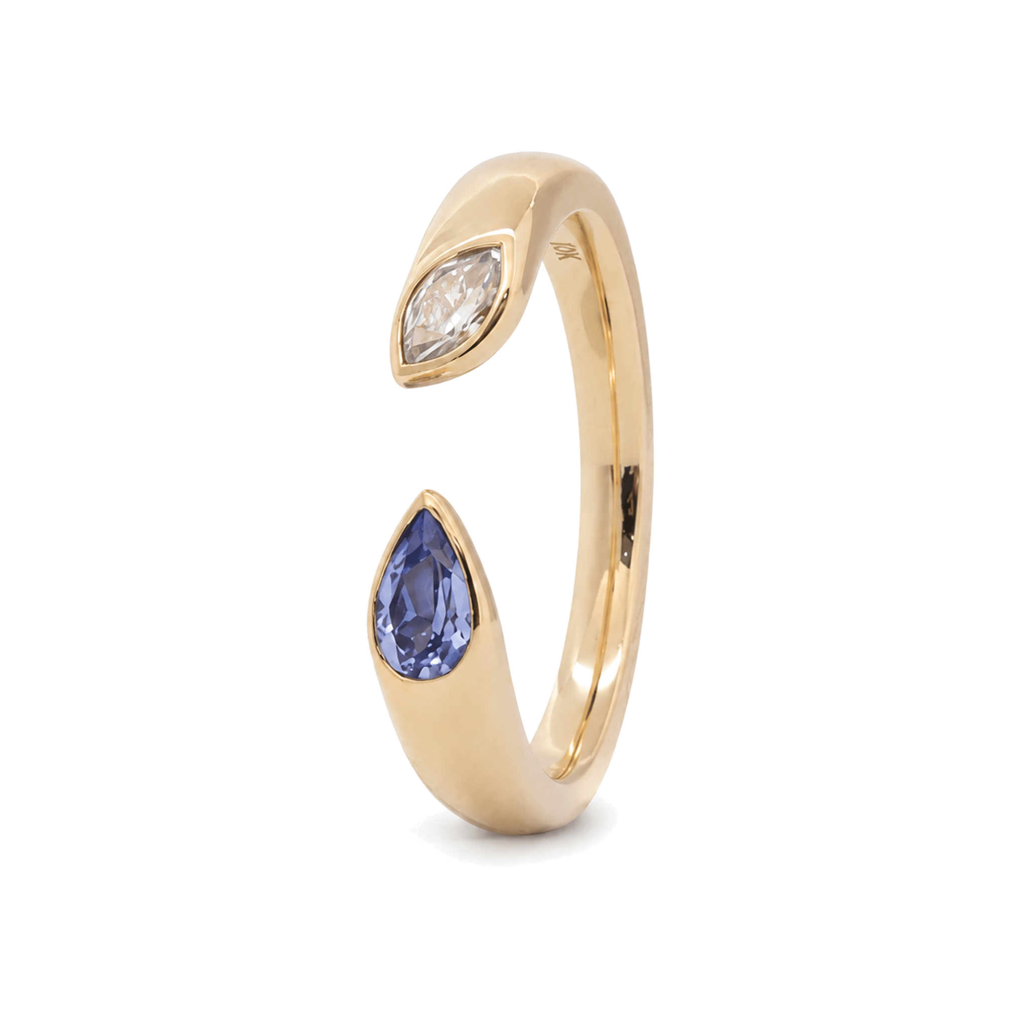 10K Yellow Gold Pear Sapphire and Marquise Lab Diamond Bezel Open Ring - MMR