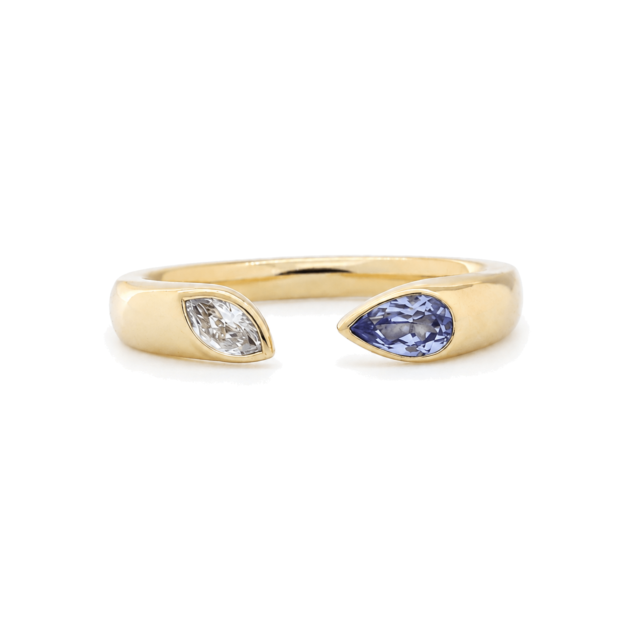10K Yellow Gold Pear Sapphire and Marquise Lab Diamond Bezel Open Ring - MMR