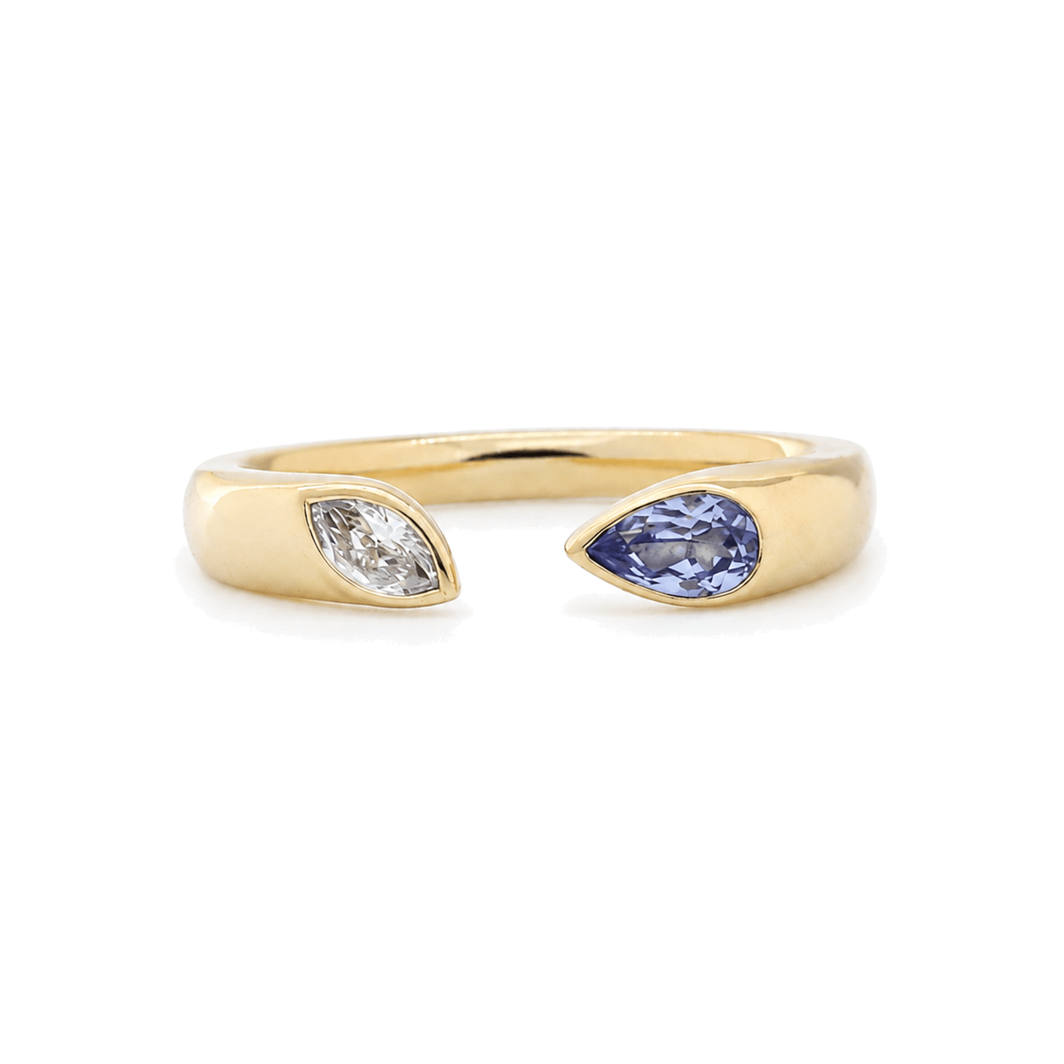 10K Yellow Gold Pear Sapphire and Marquise Lab Diamond Bezel Open Ring - MMR
