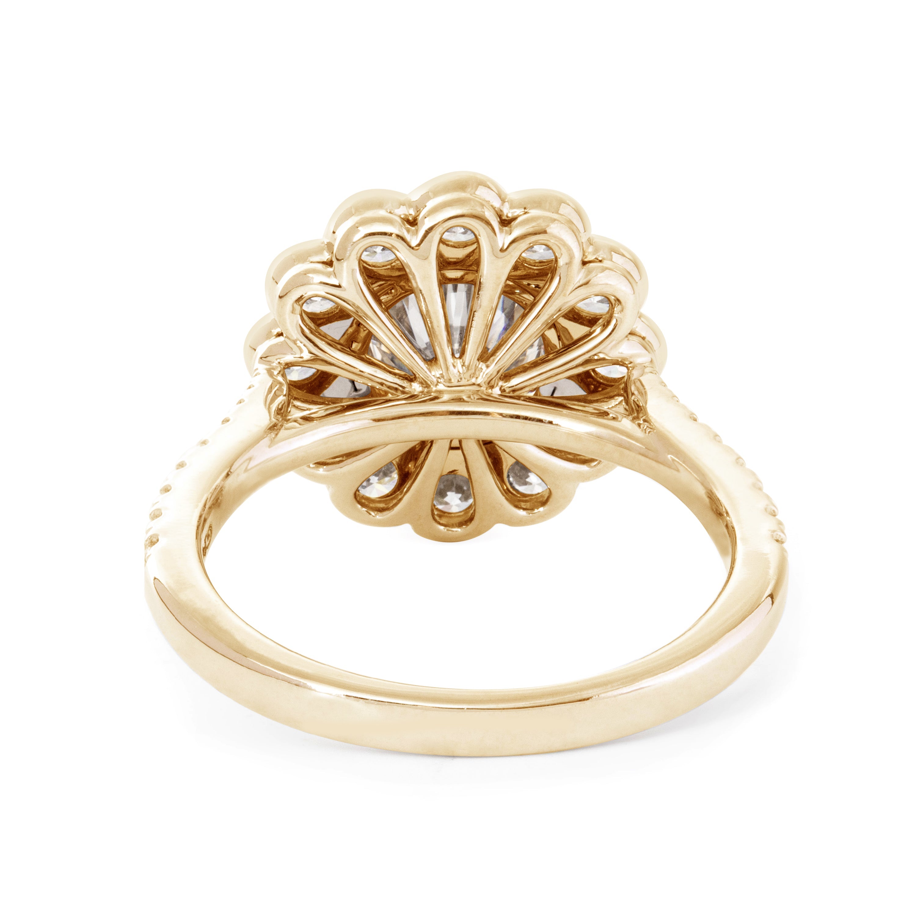 14K White Gold 1.5ct Round Cut Lab Diamond Halo Ring with Tapered Band and Half Circle Pave 14K Yellow Gold 2.5ct round cut DEF VS