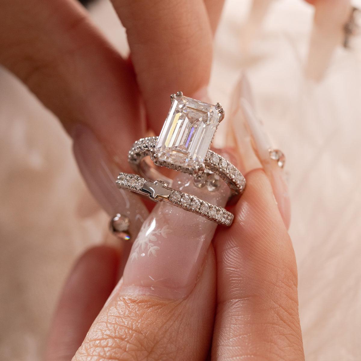 14K Yellow Gold 4ct Emerald Cut Lab Diamond Hidden Halo Victorian Antique Bridal Set Rings 14K White Gold