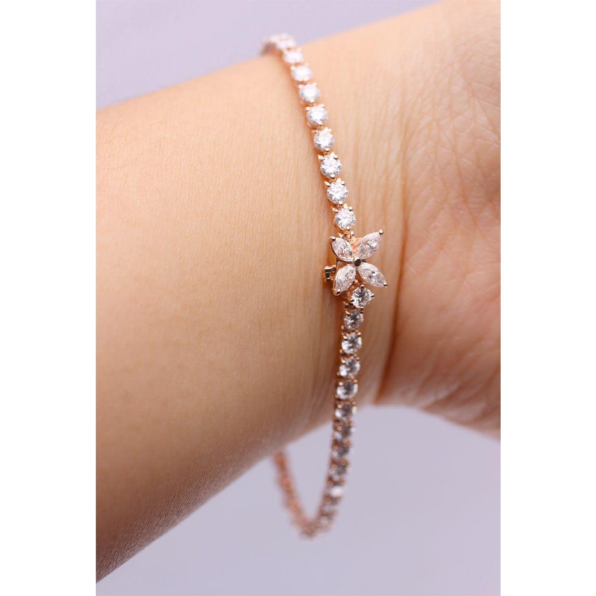 14K White Gold Marquise Cut & Round Cut Lab Diamond Three Prong Buckle Tennis Bracelet