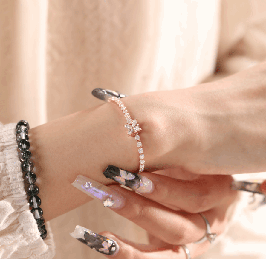 14K White Gold Marquise Cut & Round Cut Lab Diamond Three Prong Buckle Tennis Bracelet