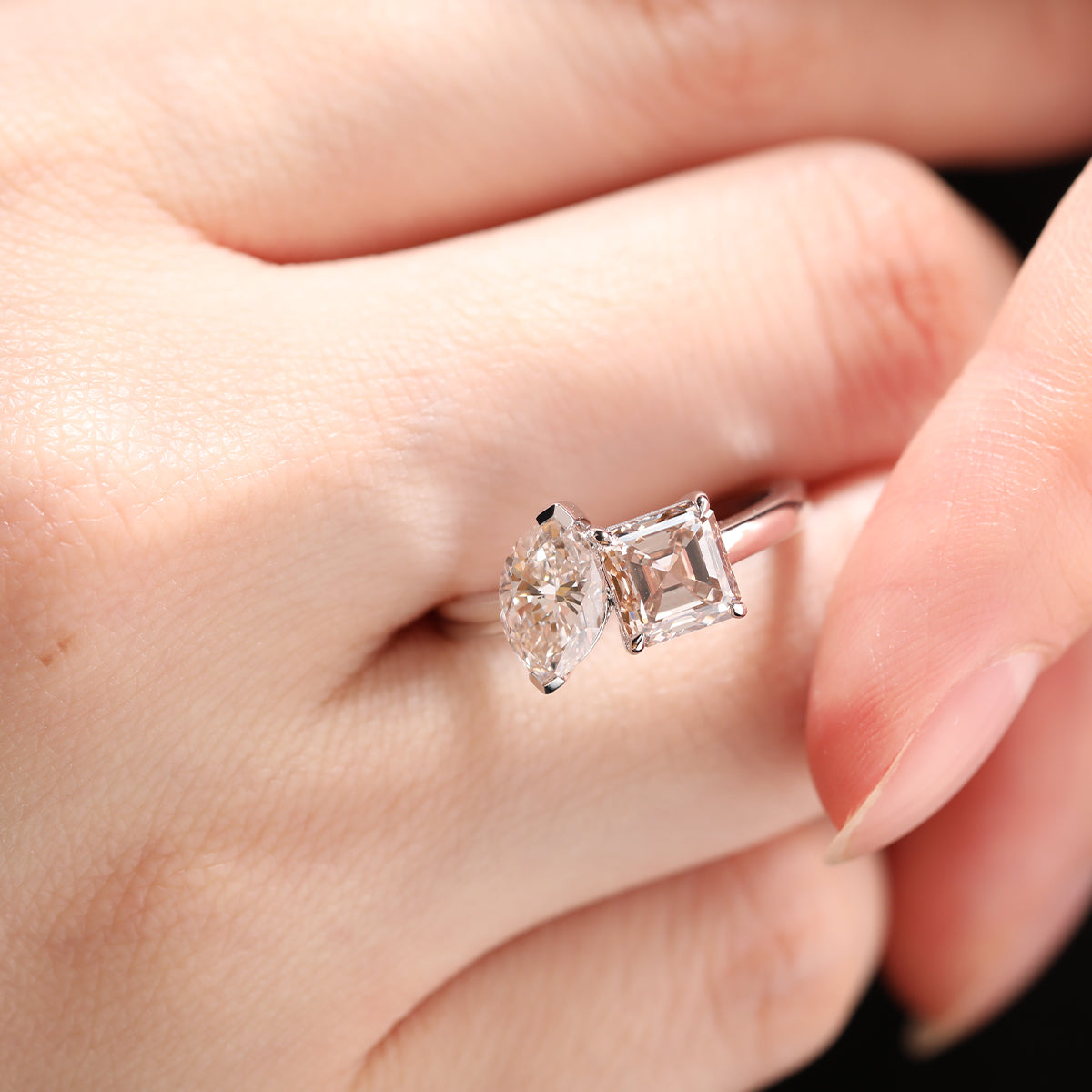 14K Yellow Gold Marquise Cut and Asscher Cut Lab Diamond Toi et Moi Ring 18K White Gold