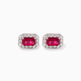 14K White Gold Emerald Cut Ruby Lab Diamond Halo Turquoise Stud Earrings