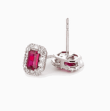 14K White Gold Emerald Cut Ruby Lab Diamond Halo Turquoise Stud Earrings