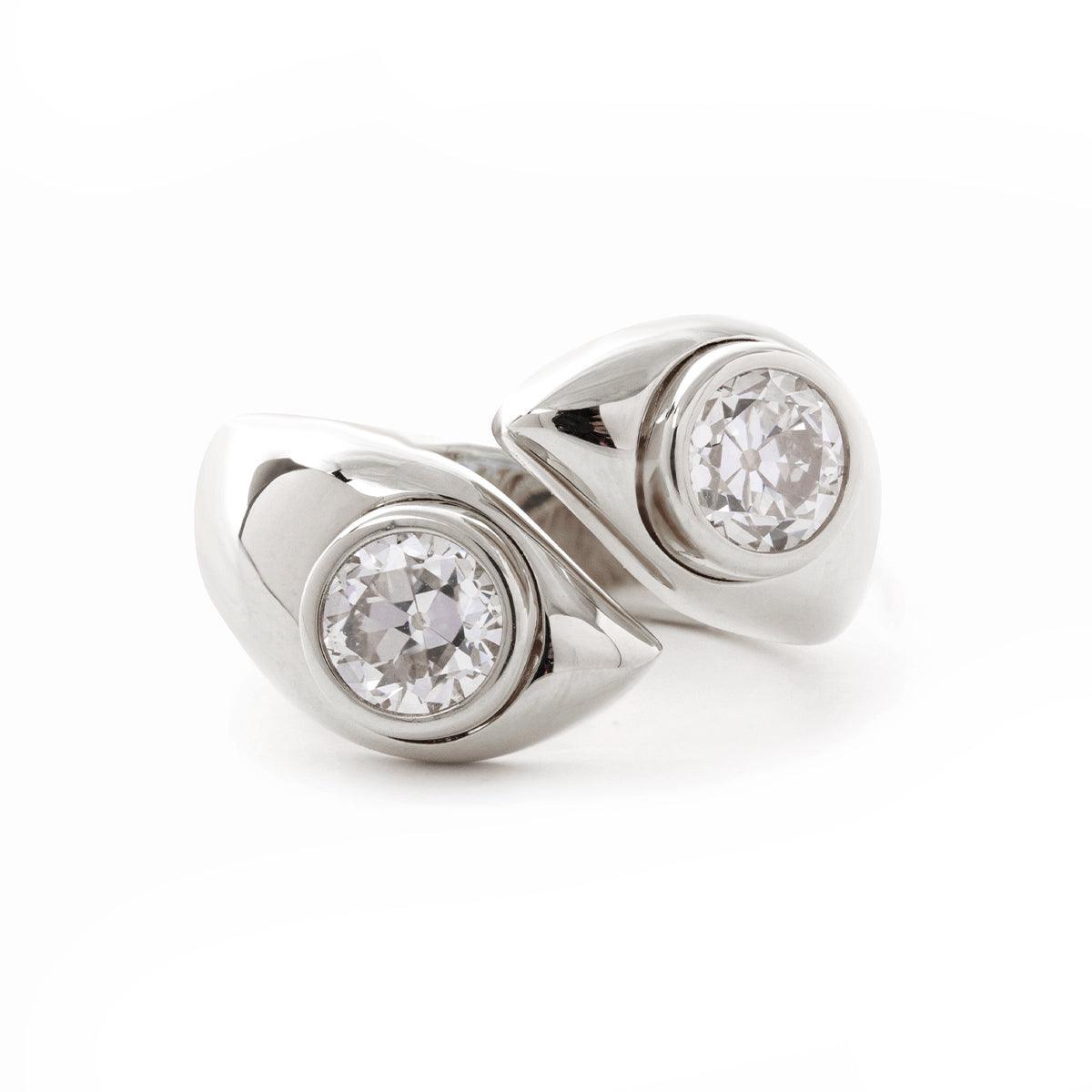 14K Yellow Gold Old European Cut Lab Diamond Toi et Moi Ring Platinum