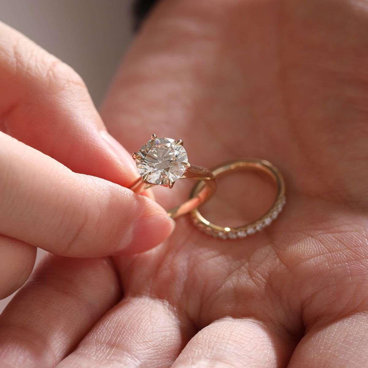 14K Yellow Gold 3ct Round Lab Diamond 6 Prongs Floral Setting Bridal Ring Set