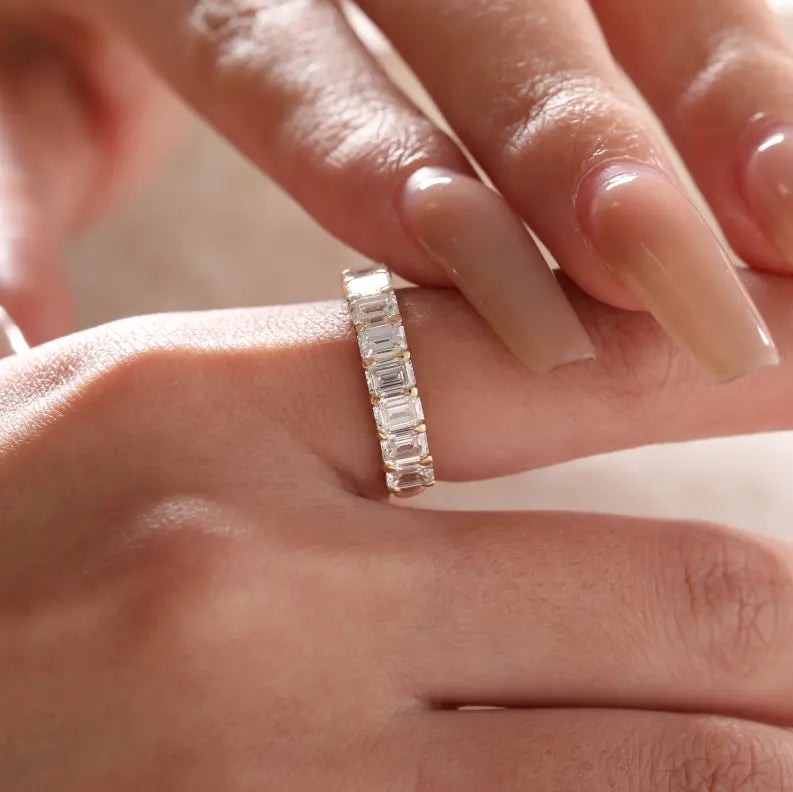 14K Yellow Gold 4*3MM Emerald Cut Lab Diamond U Shaped Pave Half Eternity Band