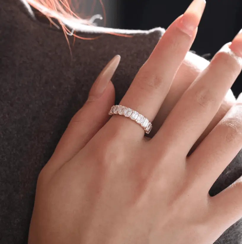 14K Yellow Gold 4*3MM Emerald Cut Lab Diamond U Shaped Pave Half Eternity Band