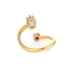 14K Yellow Gold Emerald Cut Lab Diamond & Round Lab Ruby Toi et Moi Ring
