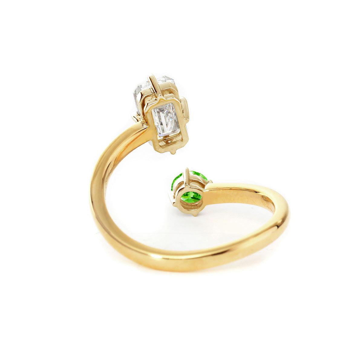 14K Yellow Gold Emerald Cut Lab Diamond & Round Peridot Toi et Moi Ring