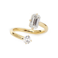 14K Yellow Gold Old European Cut & Emerald Cut Lab Diamond Toi et Moi Ring