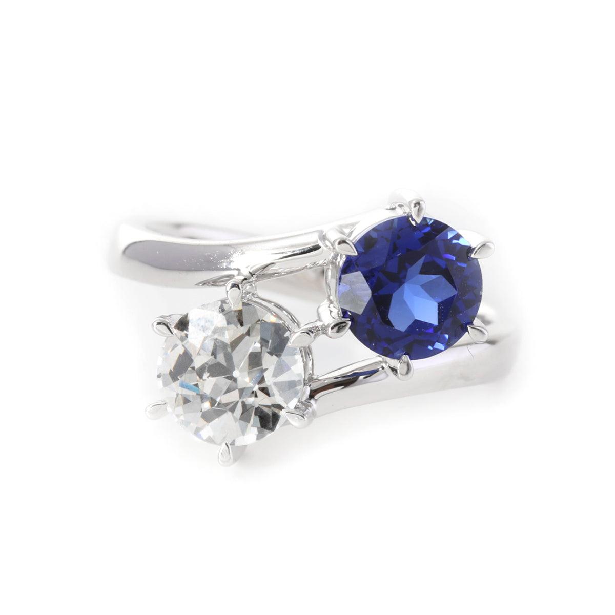 14K White Gold Old European Cut Lab Diamond & Lab Sapphire Toi et Moi Ring