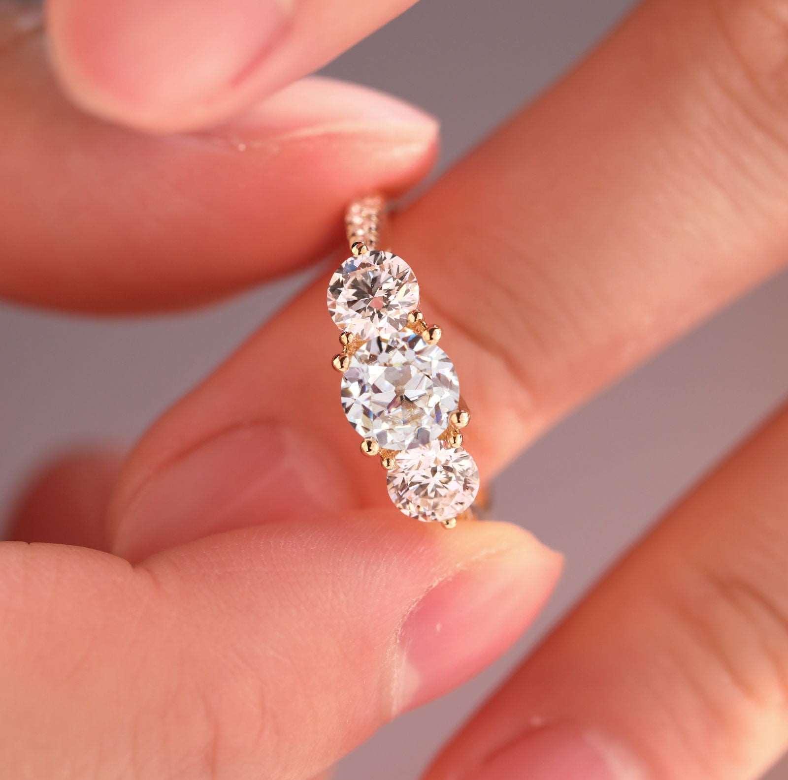 14K Yellow Gold Old European Cut Lab Diamond Pave Three Stone