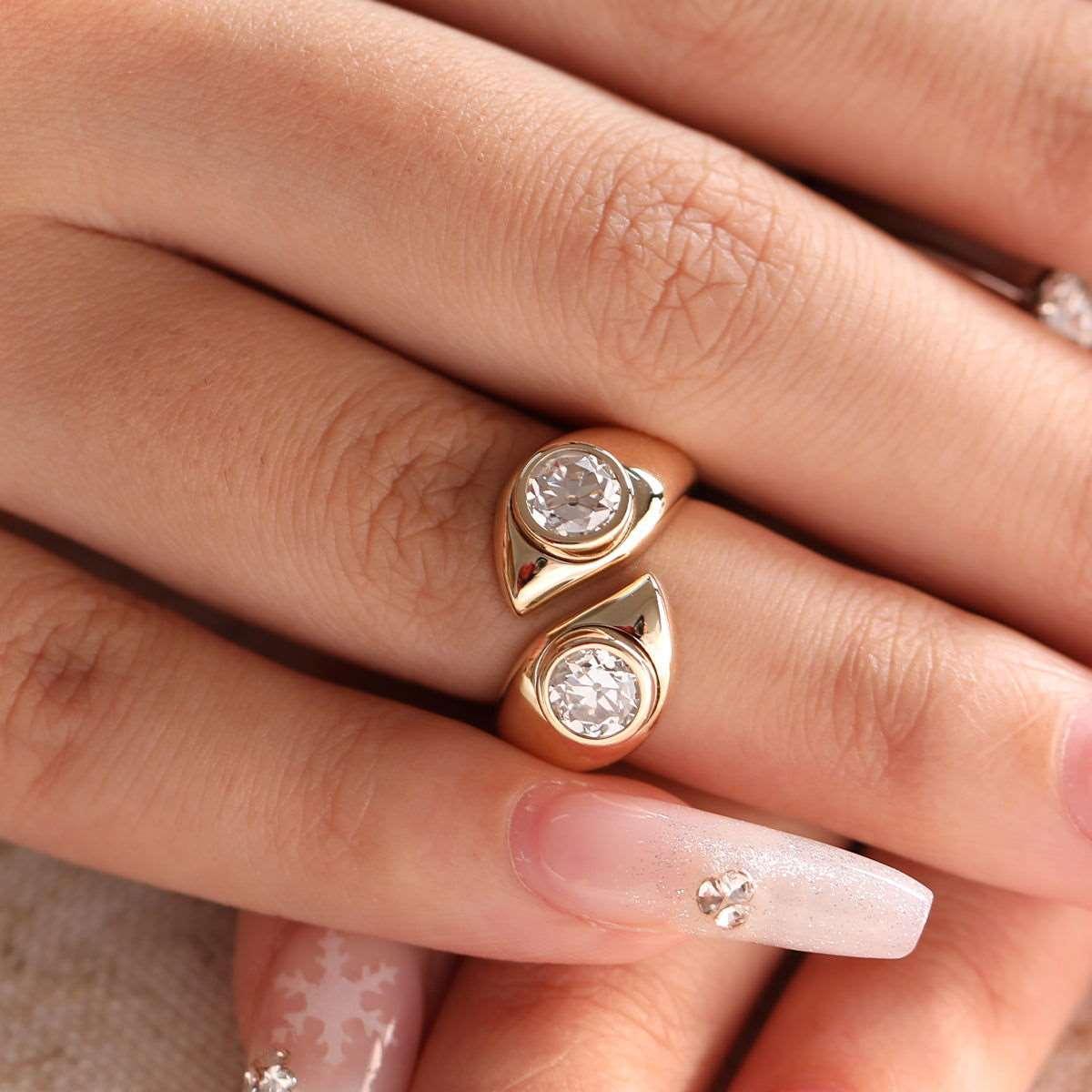 14K Yellow Gold Old European Cut Lab Diamond Toi et Moi Ring