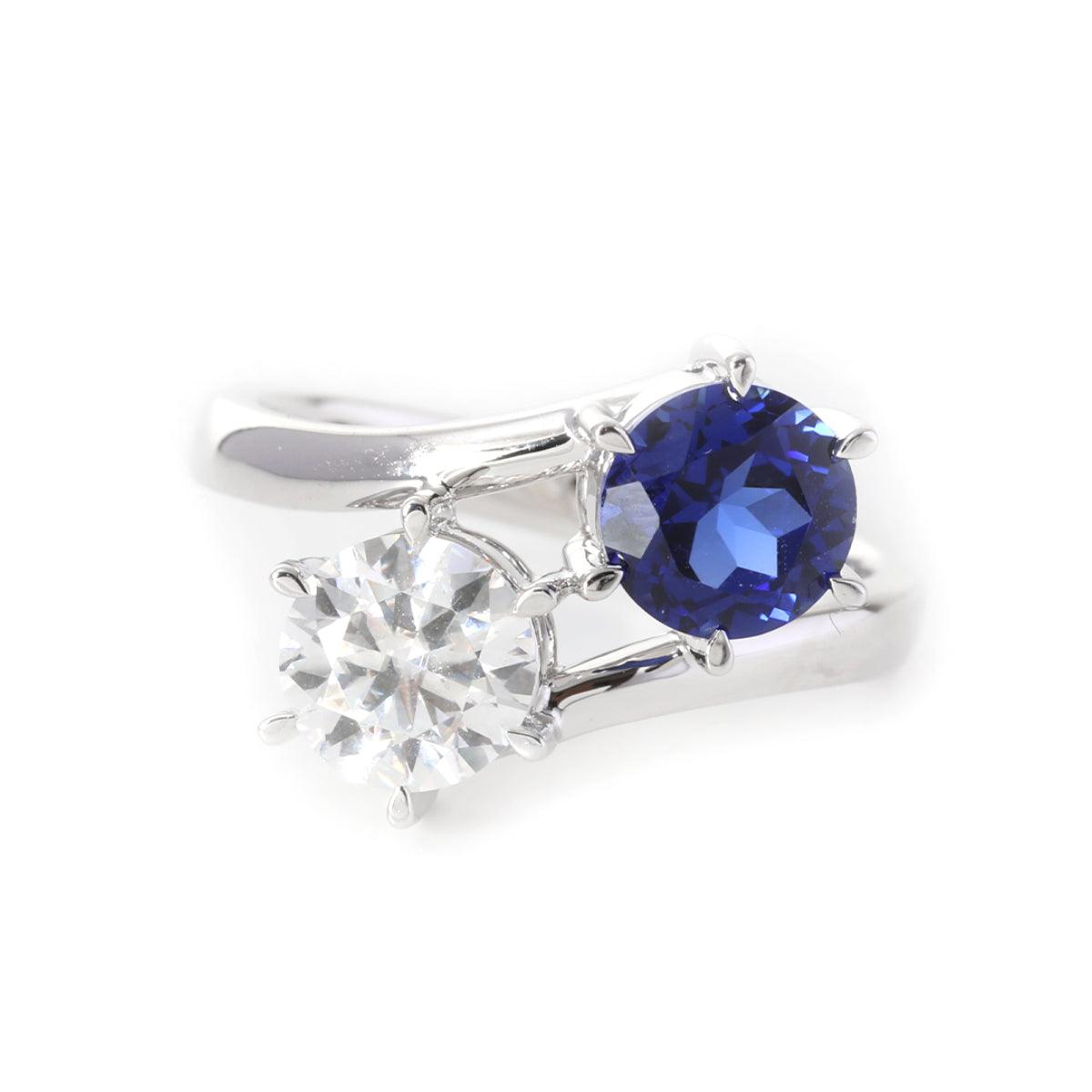 14K White Gold Round Cut Lab Diamond & Lab Sapphire Toi et Moi Ring