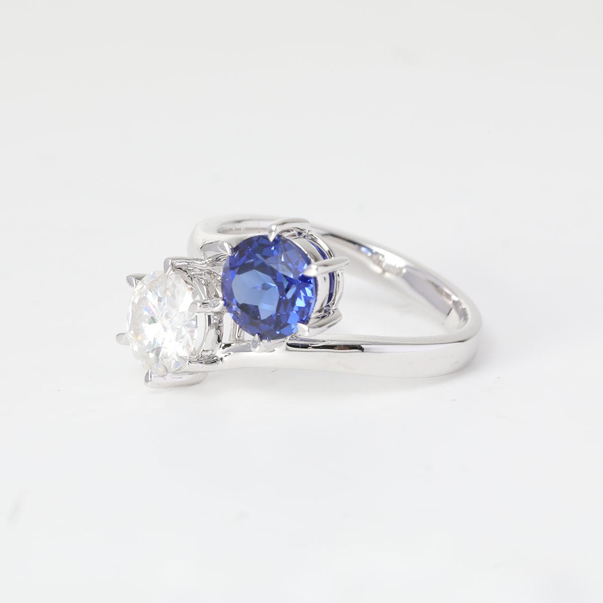 14K White Gold Round Cut Lab Diamond & Lab Sapphire Toi et Moi Ring