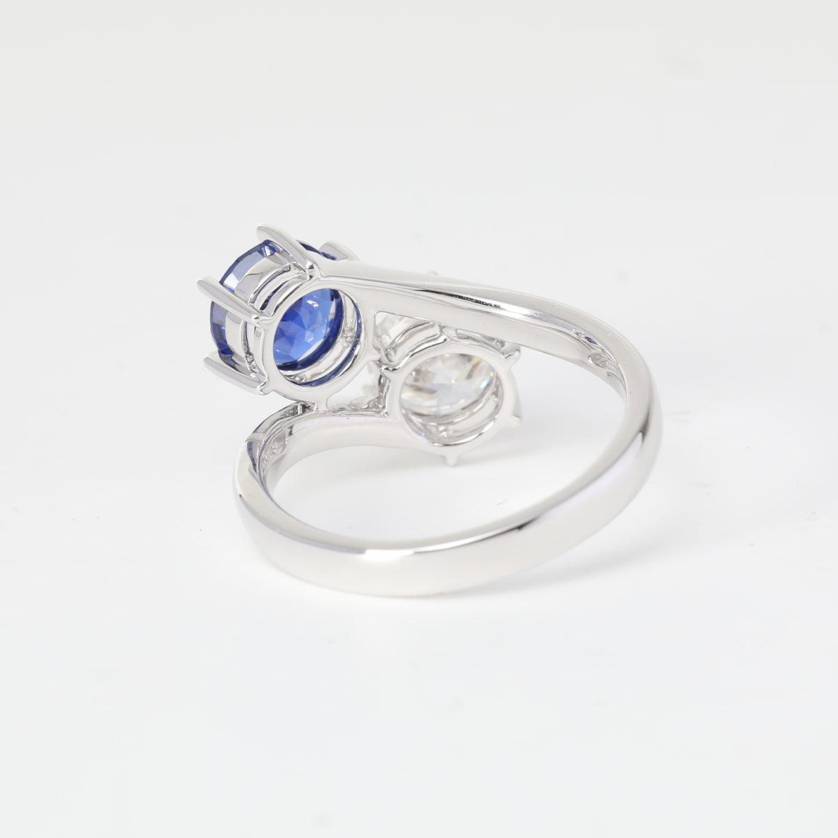 14K White Gold Round Cut Lab Diamond & Lab Sapphire Toi et Moi Ring