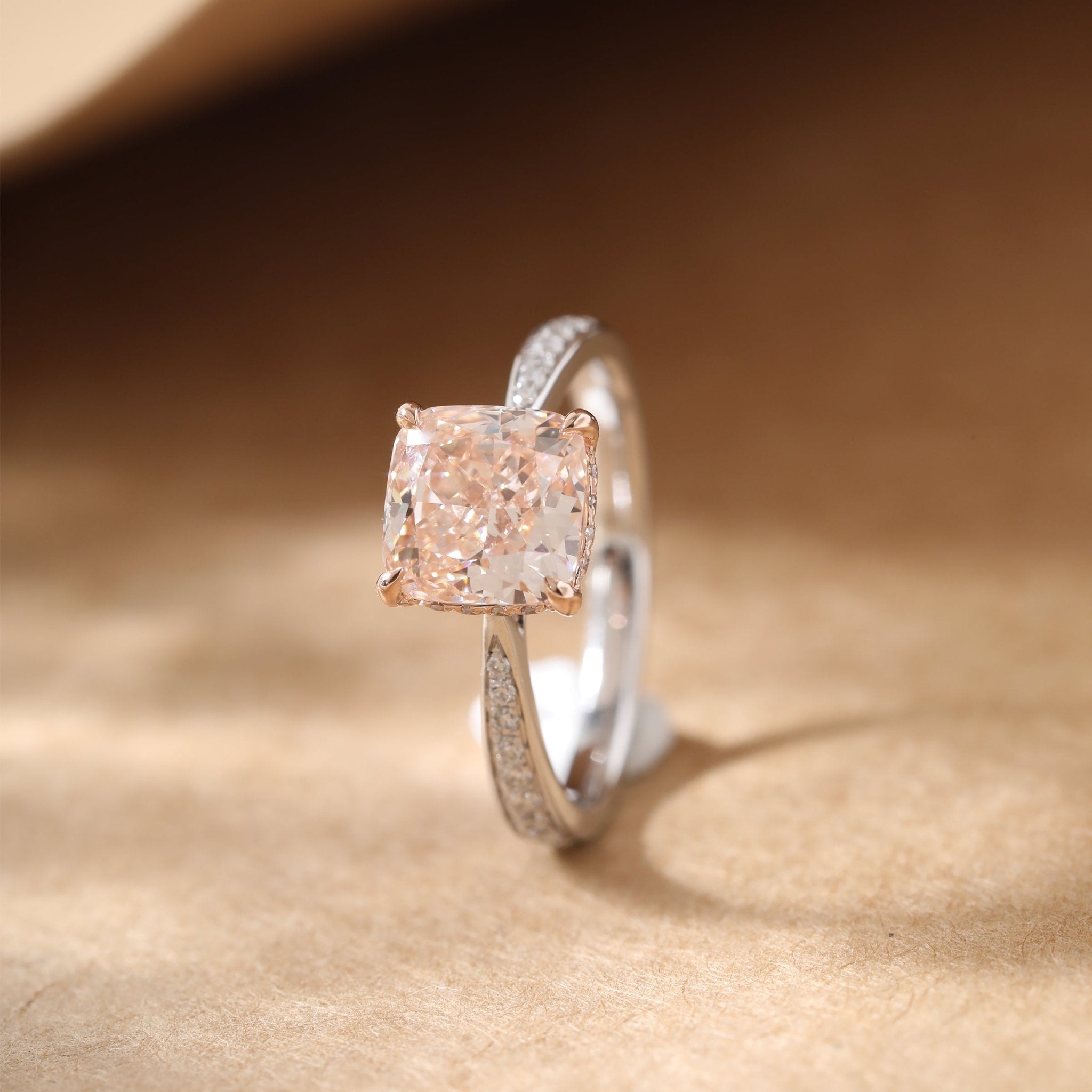 14K Gold 2.19CT Cushion Brilliant Cut Pink Lab Diamond Solitaire Ring with Pave Band Design - MMR