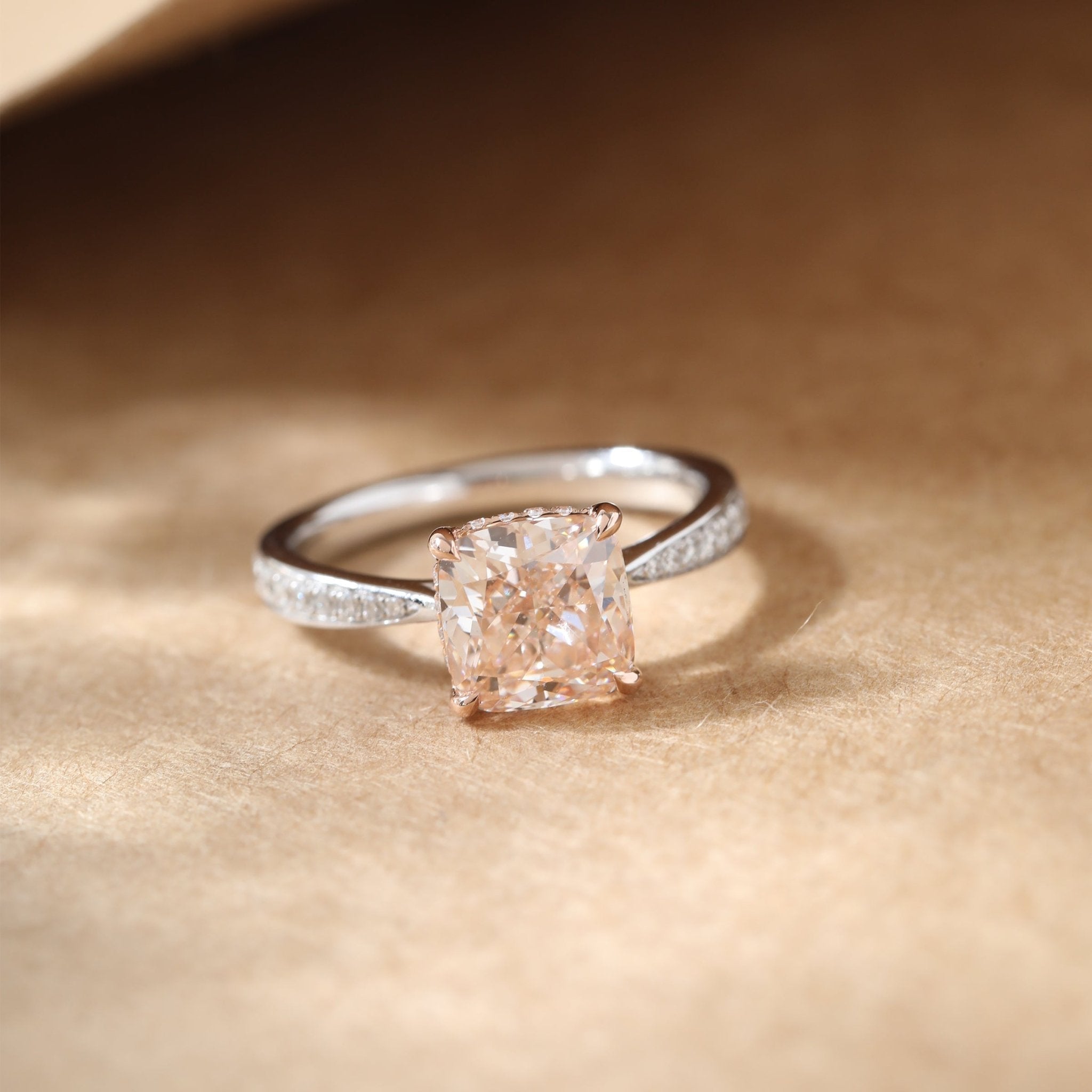 14K Gold 2.19CT Cushion Brilliant Cut Pink Lab Diamond Solitaire Ring with Pave Band Design - MMR