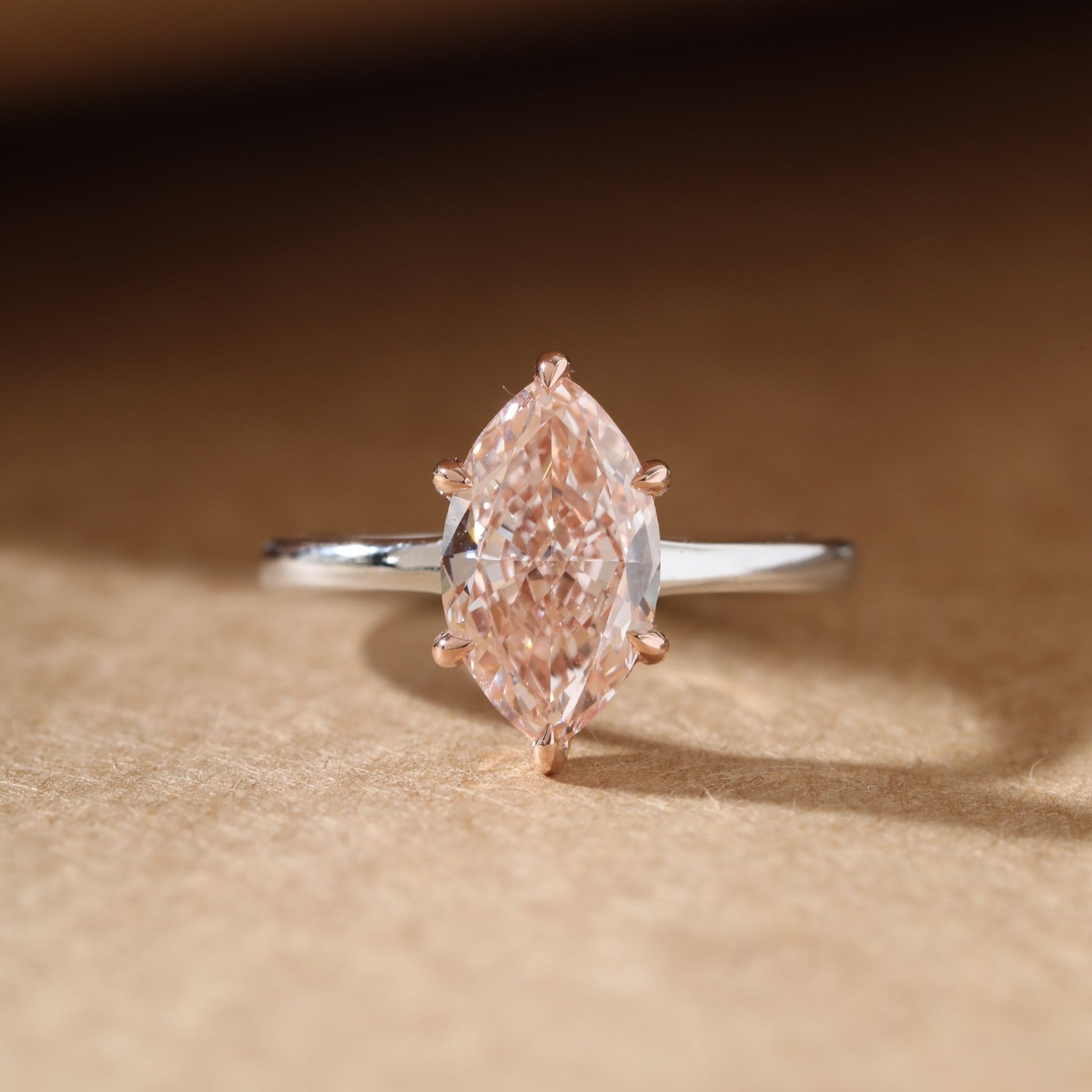 14K Gold 2.58CT Marquise Cut Lab Pink Diamond Soliatire Ring with Hidden Halo - MMR