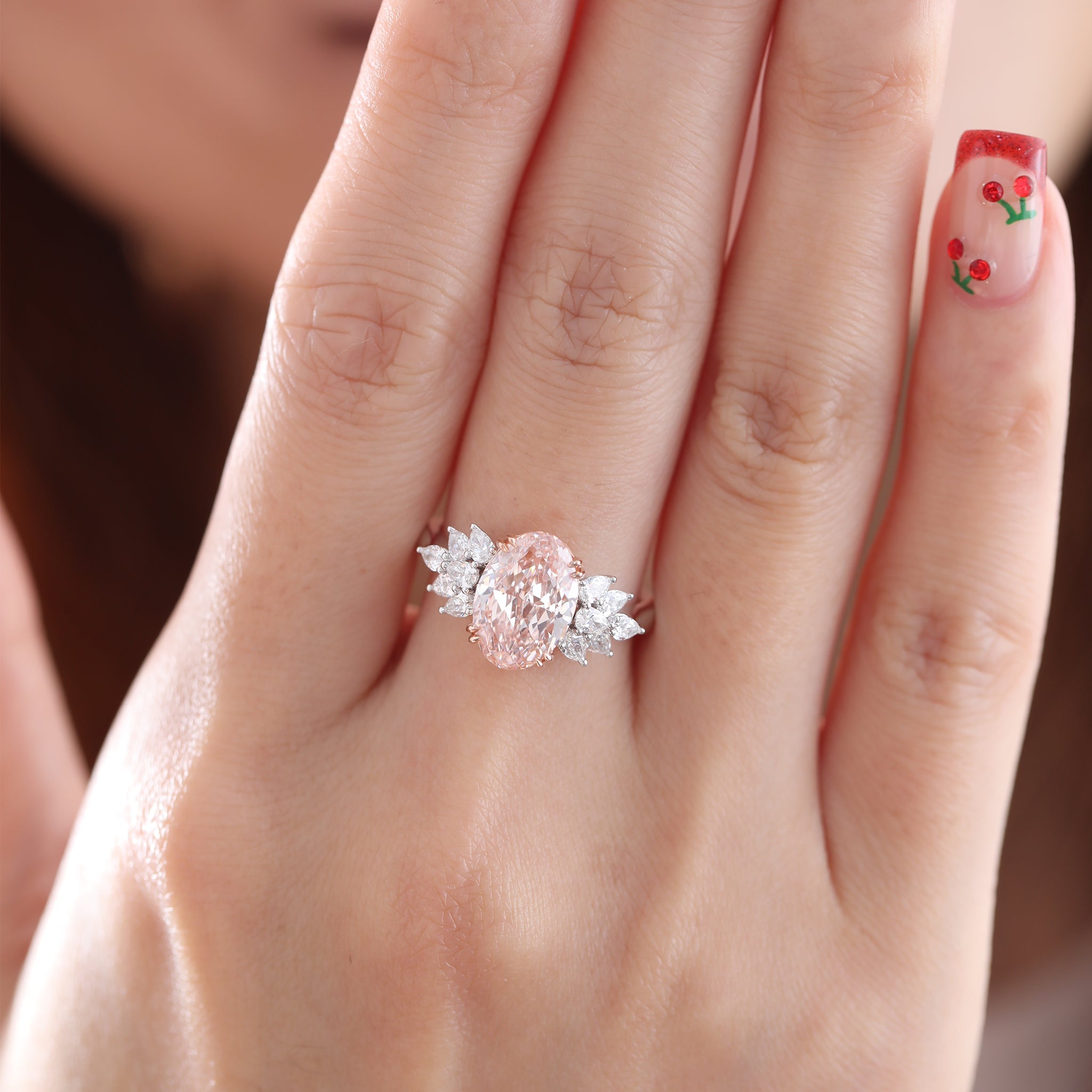 14K Gold 2.93CT Oval Lab Pink Diamond Ring Paired with Pear Lab Diamond - MMR