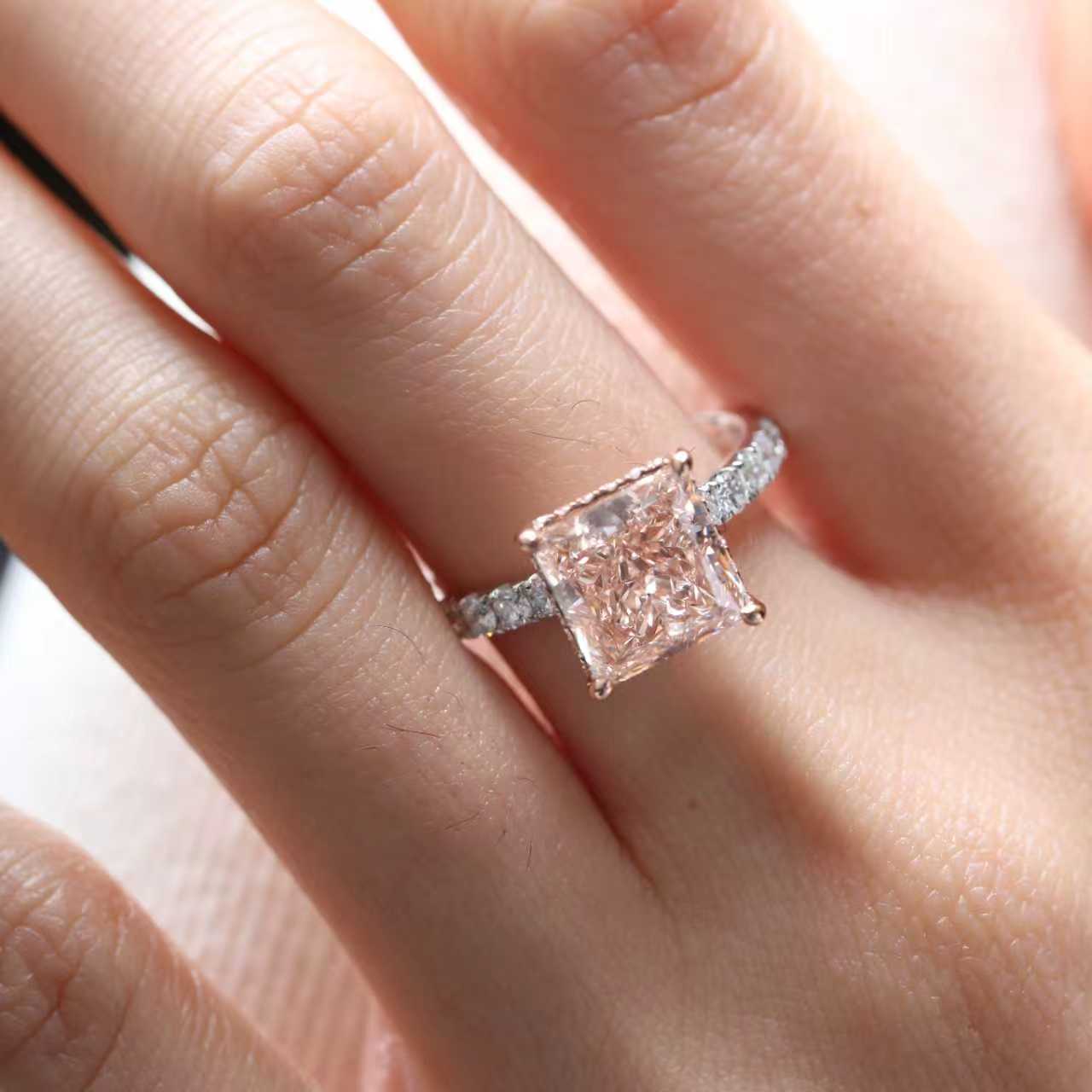14K Gold 3.3CT Princess Brilliant Cut Pink Lab Diamond Pave Band Ring with Hidden Halo - MMR