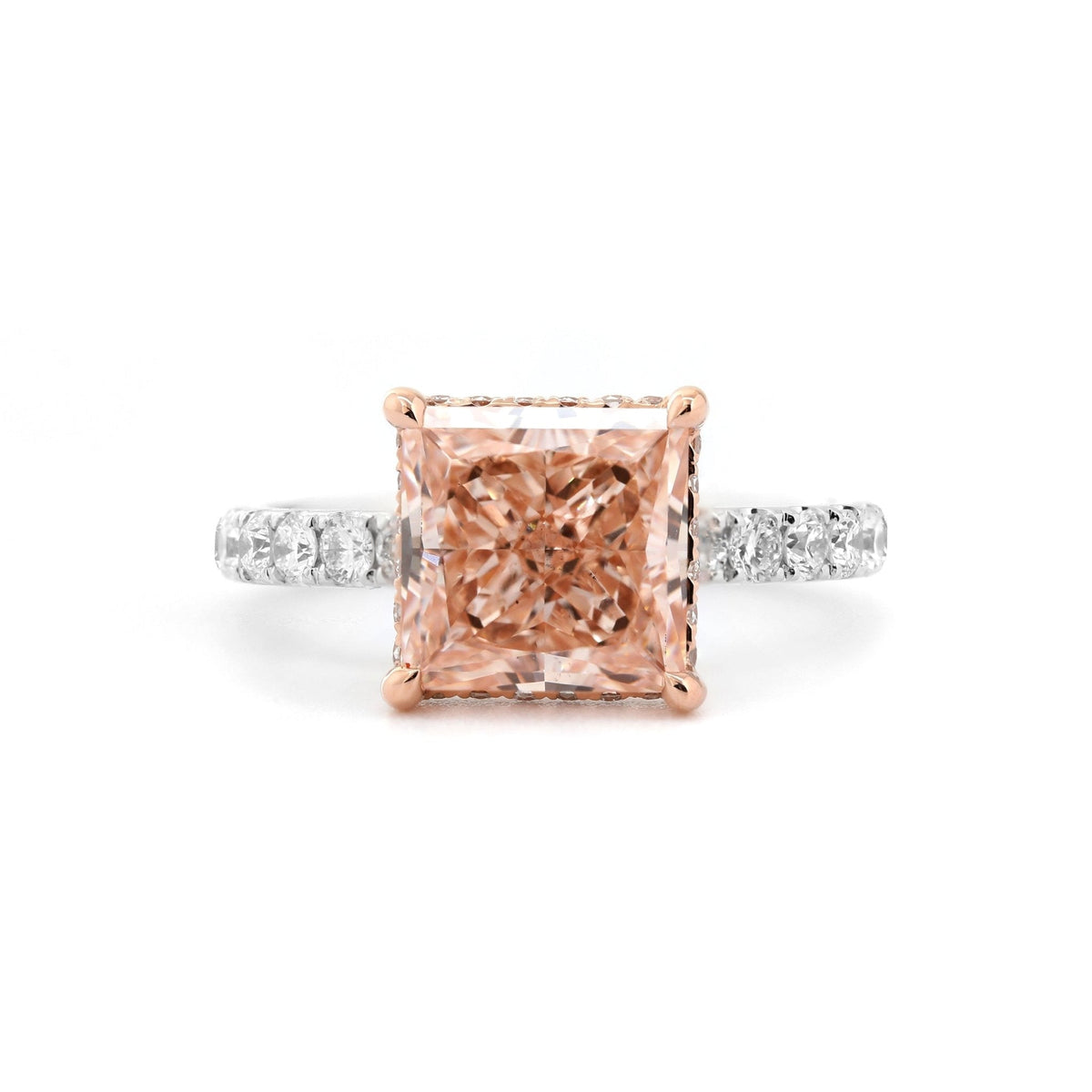 14K Gold 3.3CT Princess Brilliant Cut Pink Lab Diamond Pave Band Ring with Hidden Halo - MMR